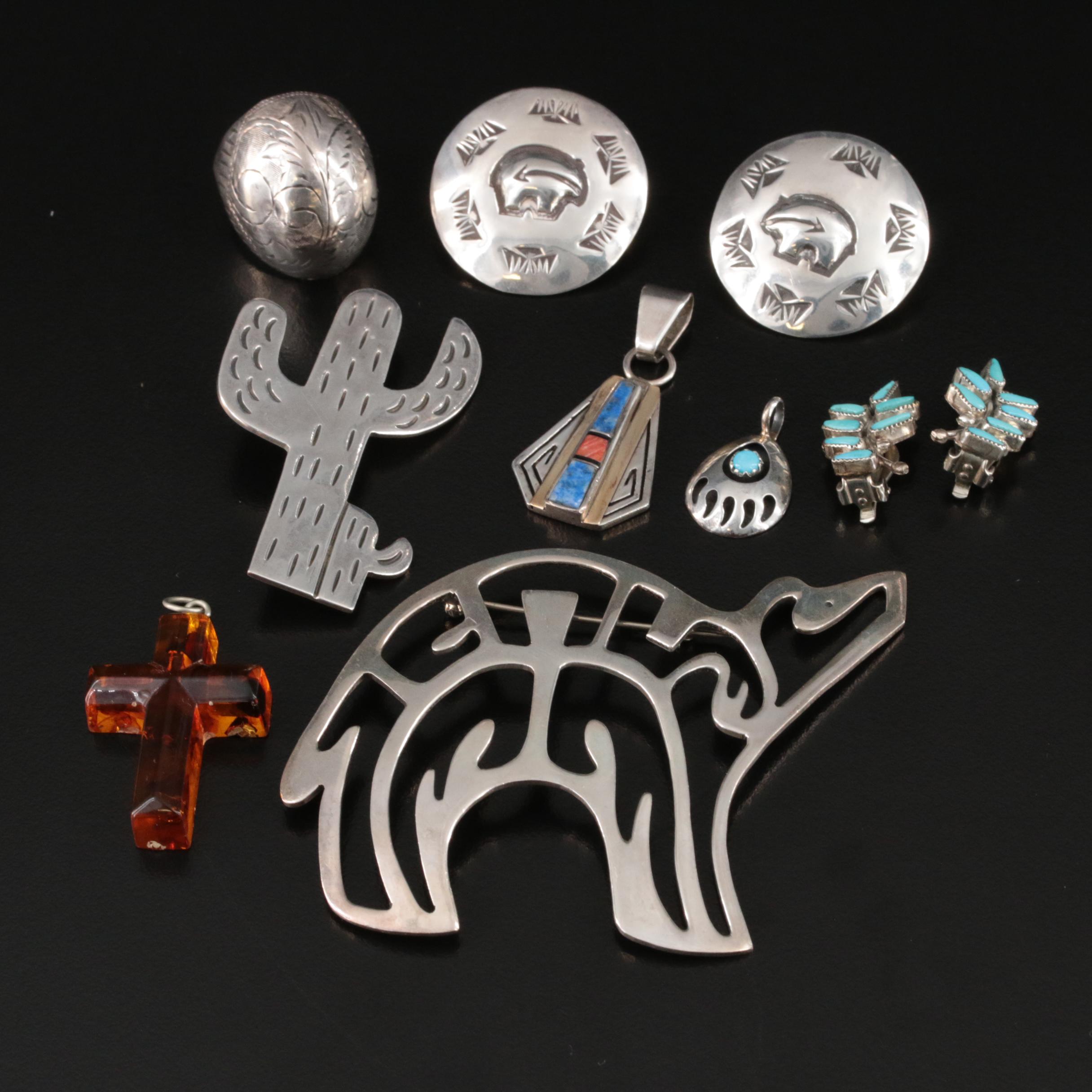 Mexican and Native American Jewelry Including Sterling, Turquoise and Amber