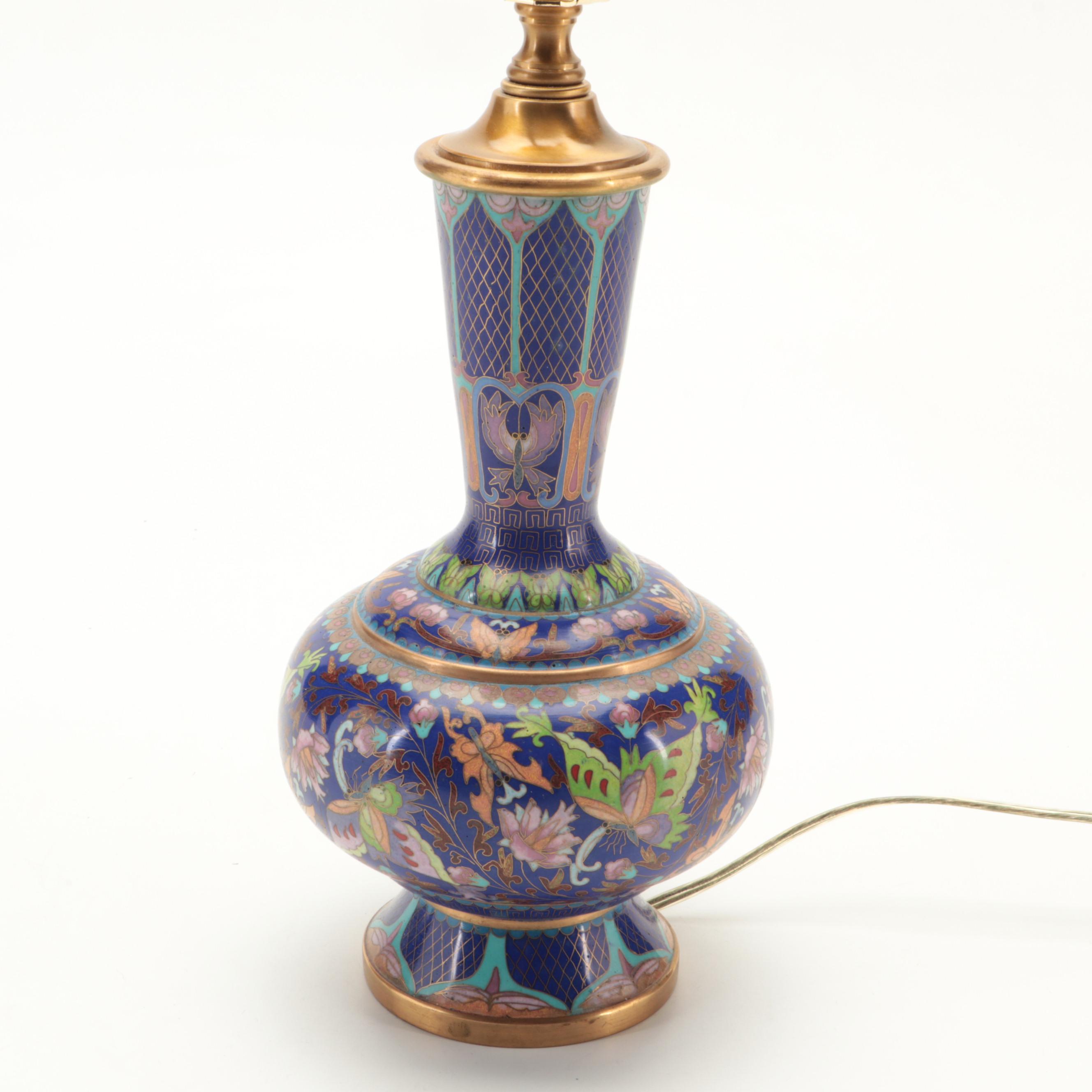 Chinese Cloisonné Butterfly Motif Vase Table Lamp, Mid to Late 20th Century