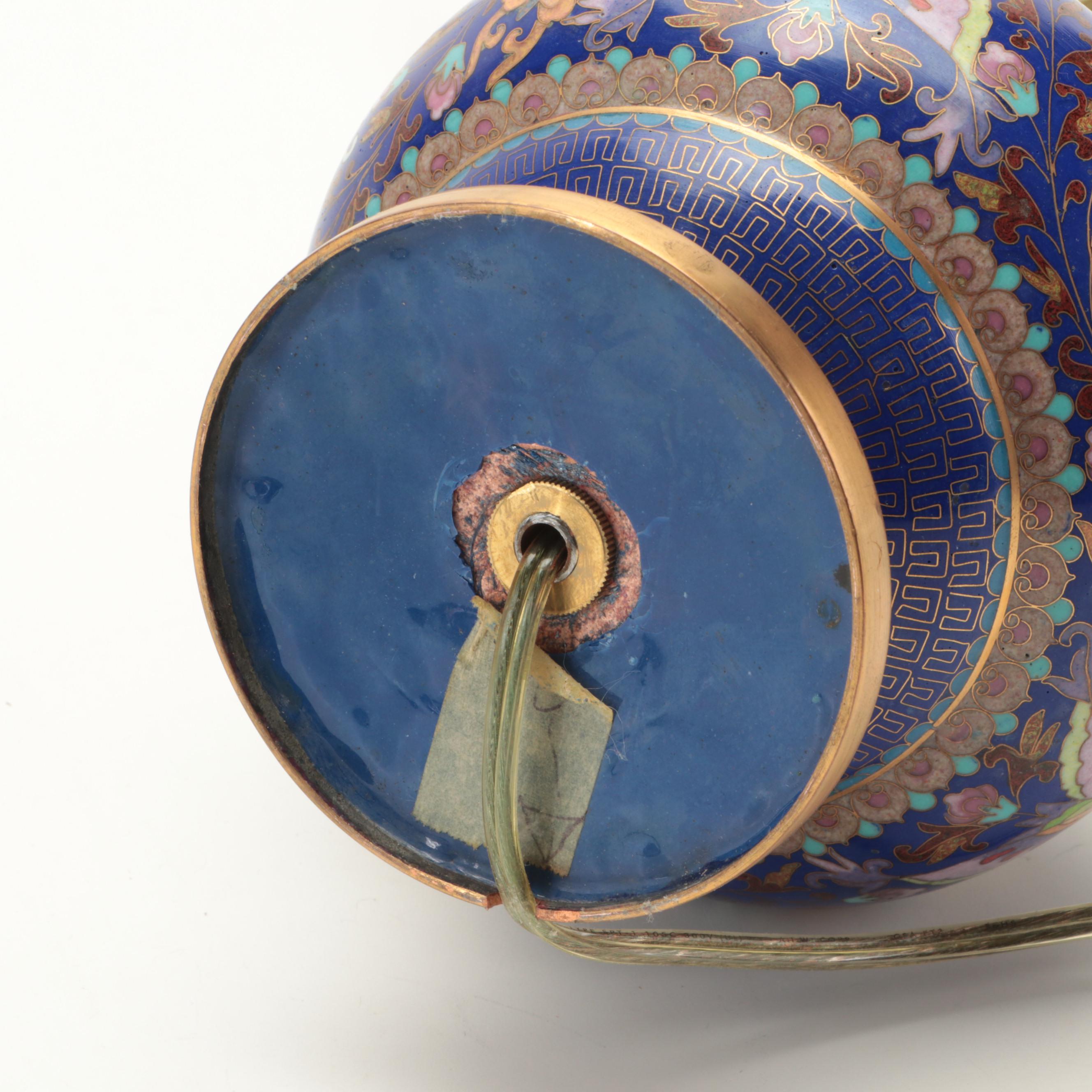 Chinese Cloisonné Butterfly Motif Vase Table Lamp, Mid to Late 20th Century