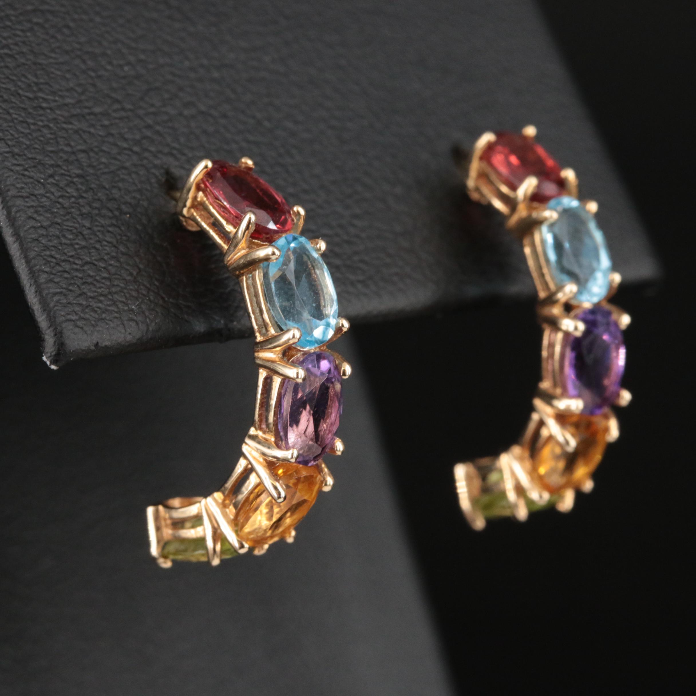 14K Peridot, Sky Blue Topaz and Gemstone Half Hoop Earrings