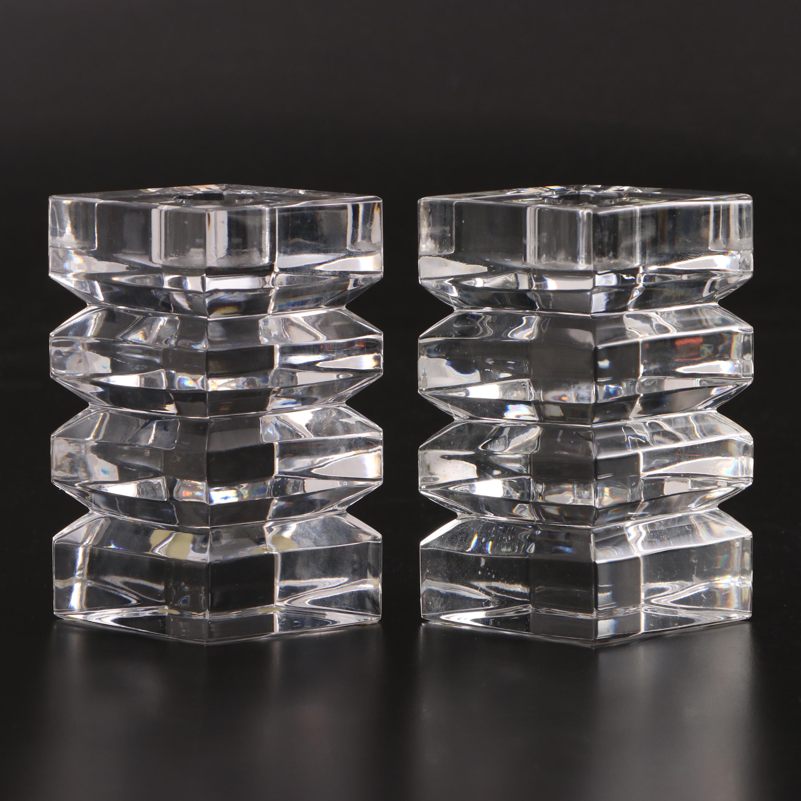 Bieder Cut Crystal Candleholders with Signed Kosta Boda Glass Bottle