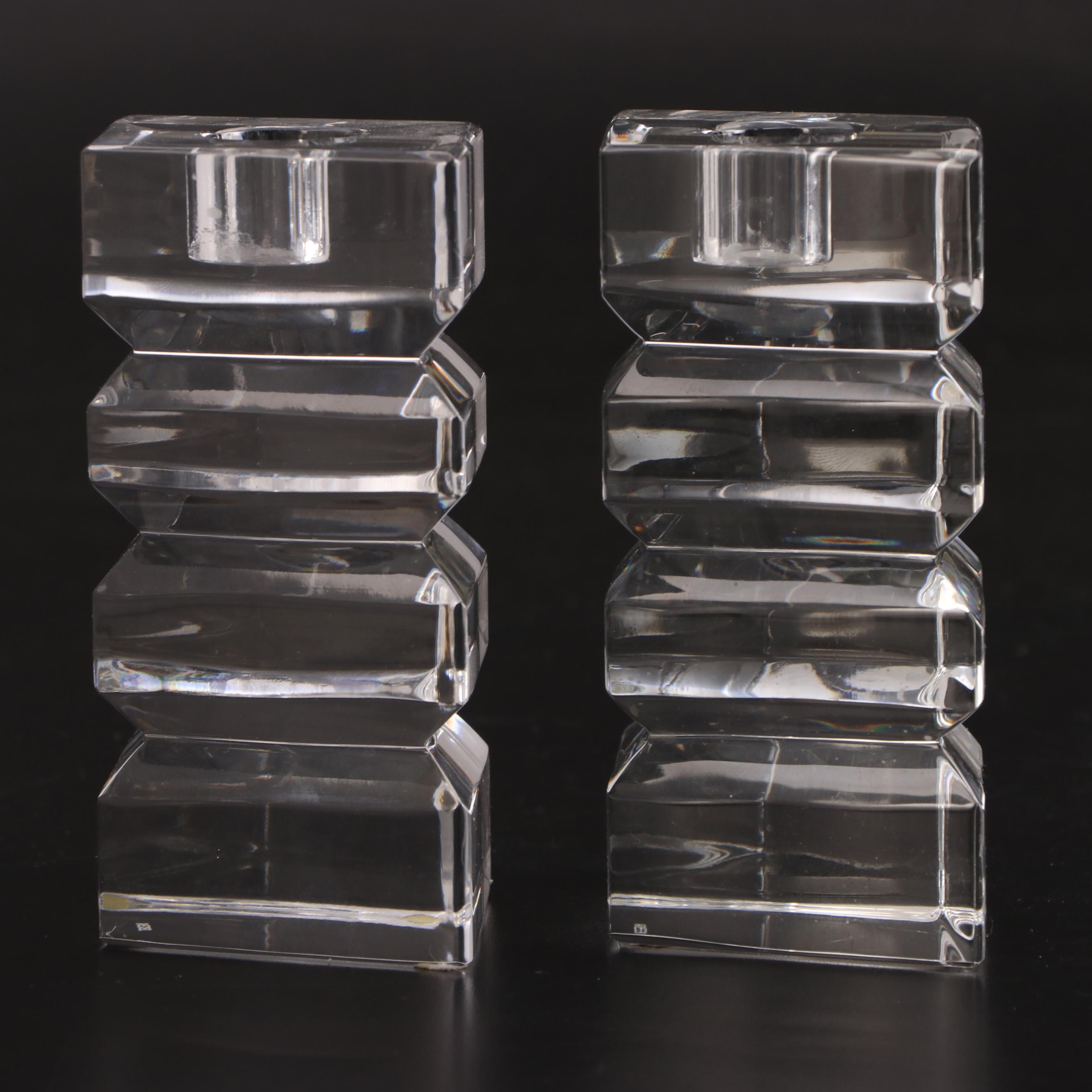 Bieder Cut Crystal Candleholders with Signed Kosta Boda Glass Bottle
