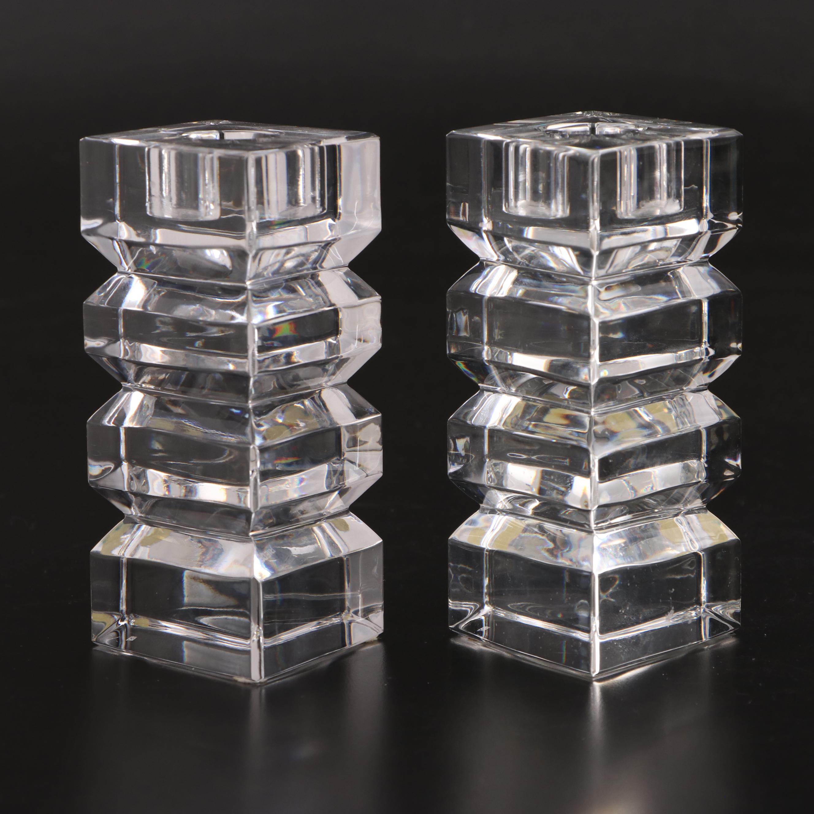 Bieder Cut Crystal Candleholders with Signed Kosta Boda Glass Bottle