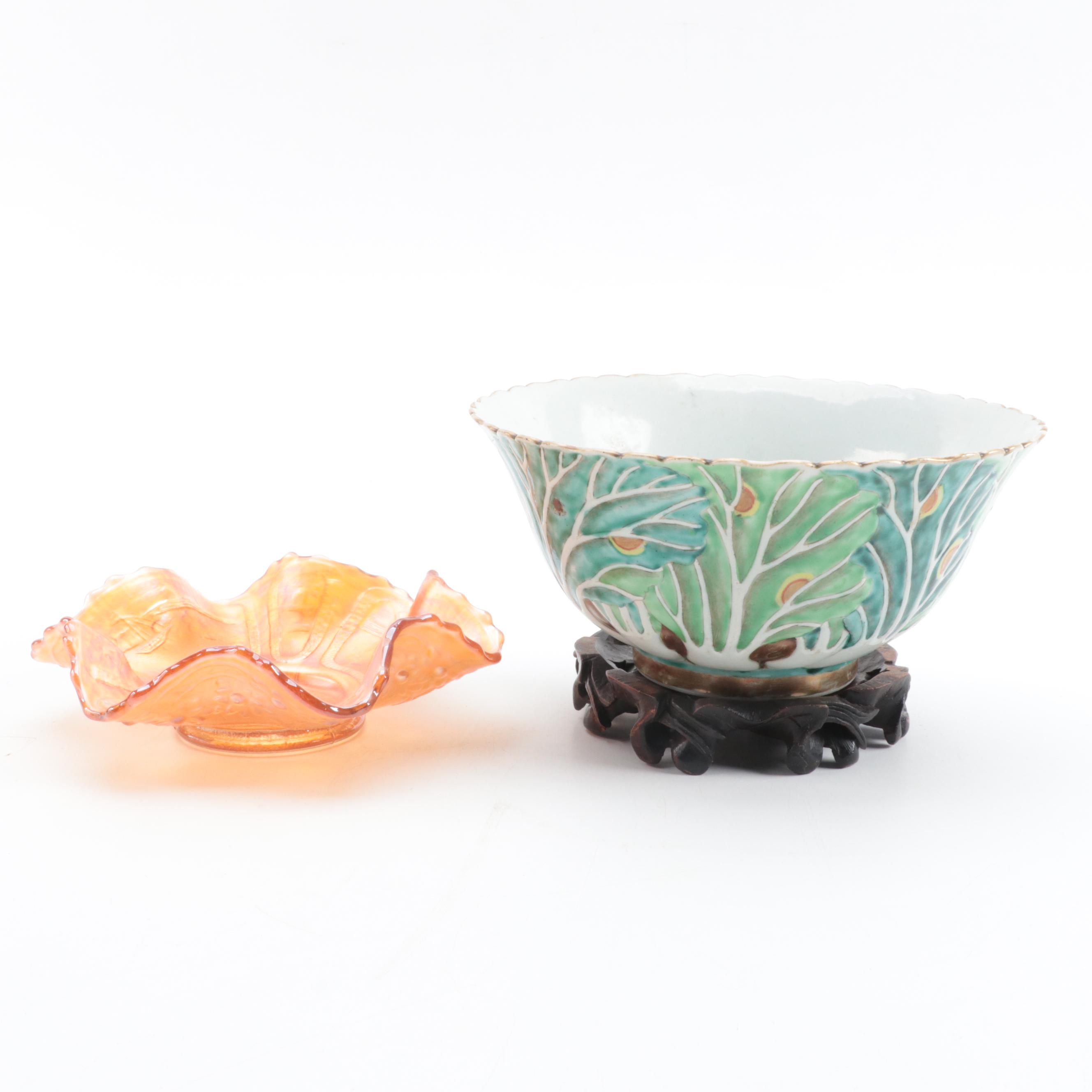 Chinese Porcelain Cabbage Bowl with French Porcelain and Carnival Glass Décor