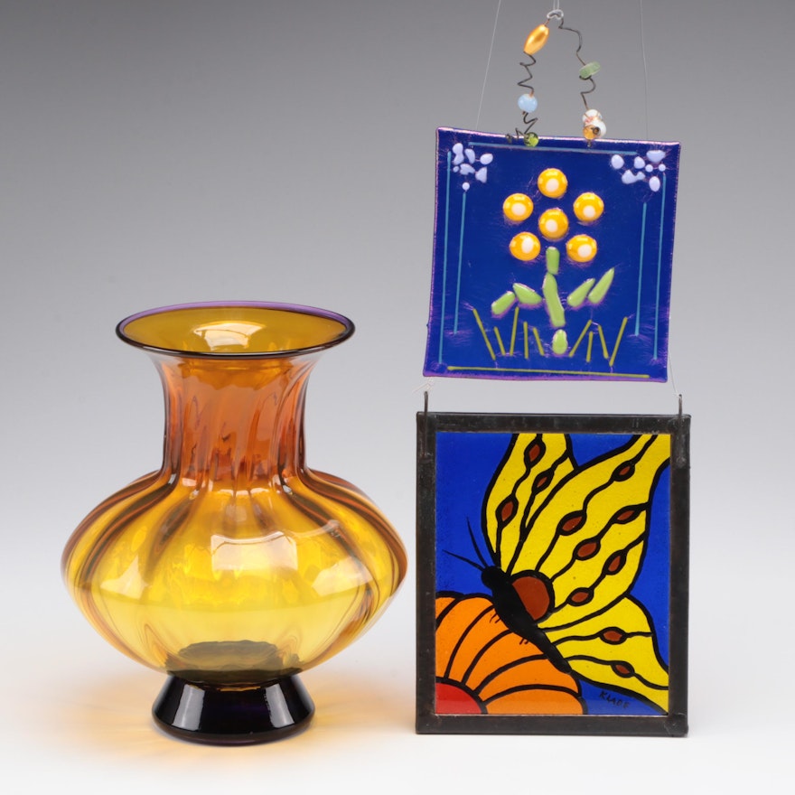 Chatham Glass Co. Amber Glass Vase With Stained Glass Suncatchers