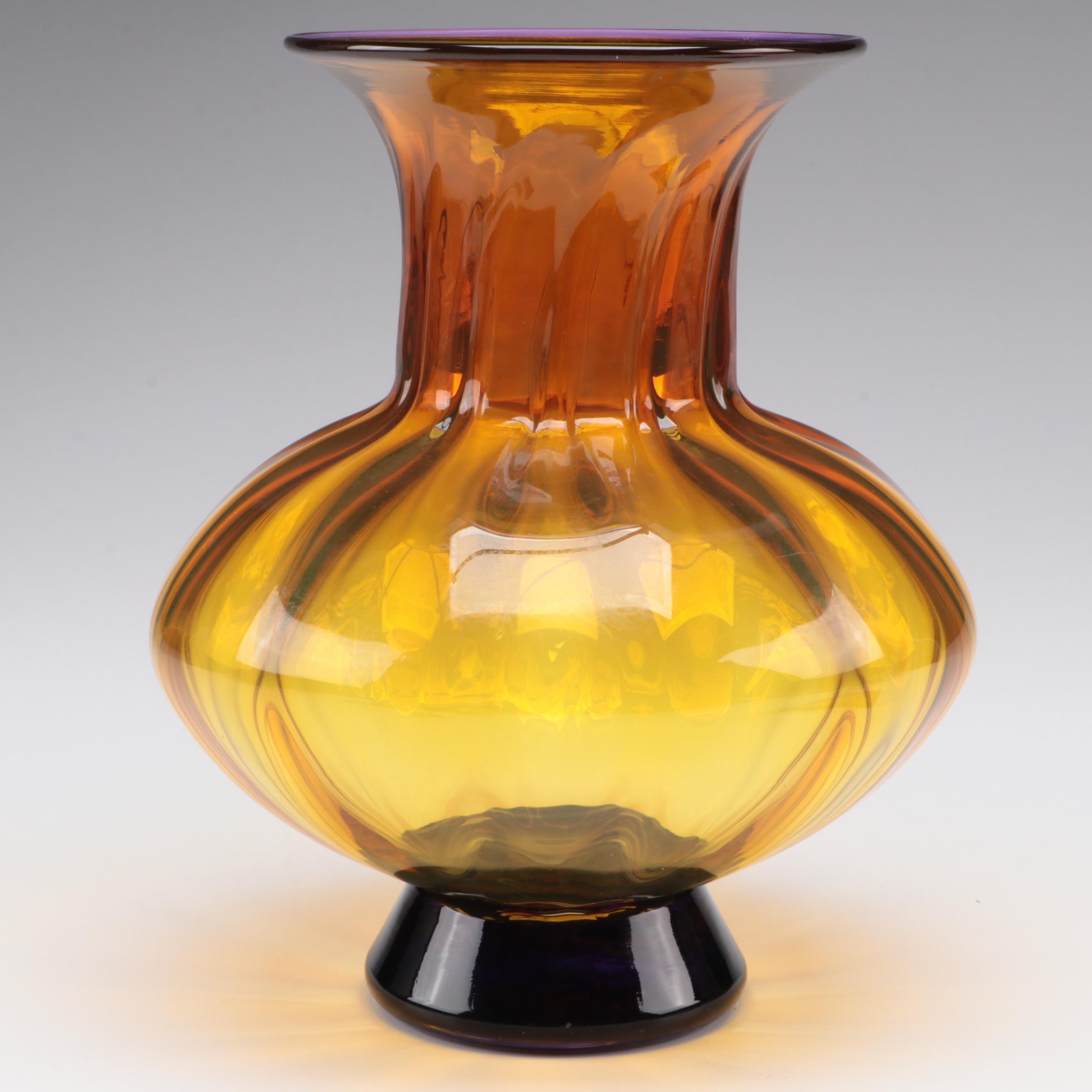 Chatham Glass Co. Amber Glass Vase With Stained Glass Suncatchers