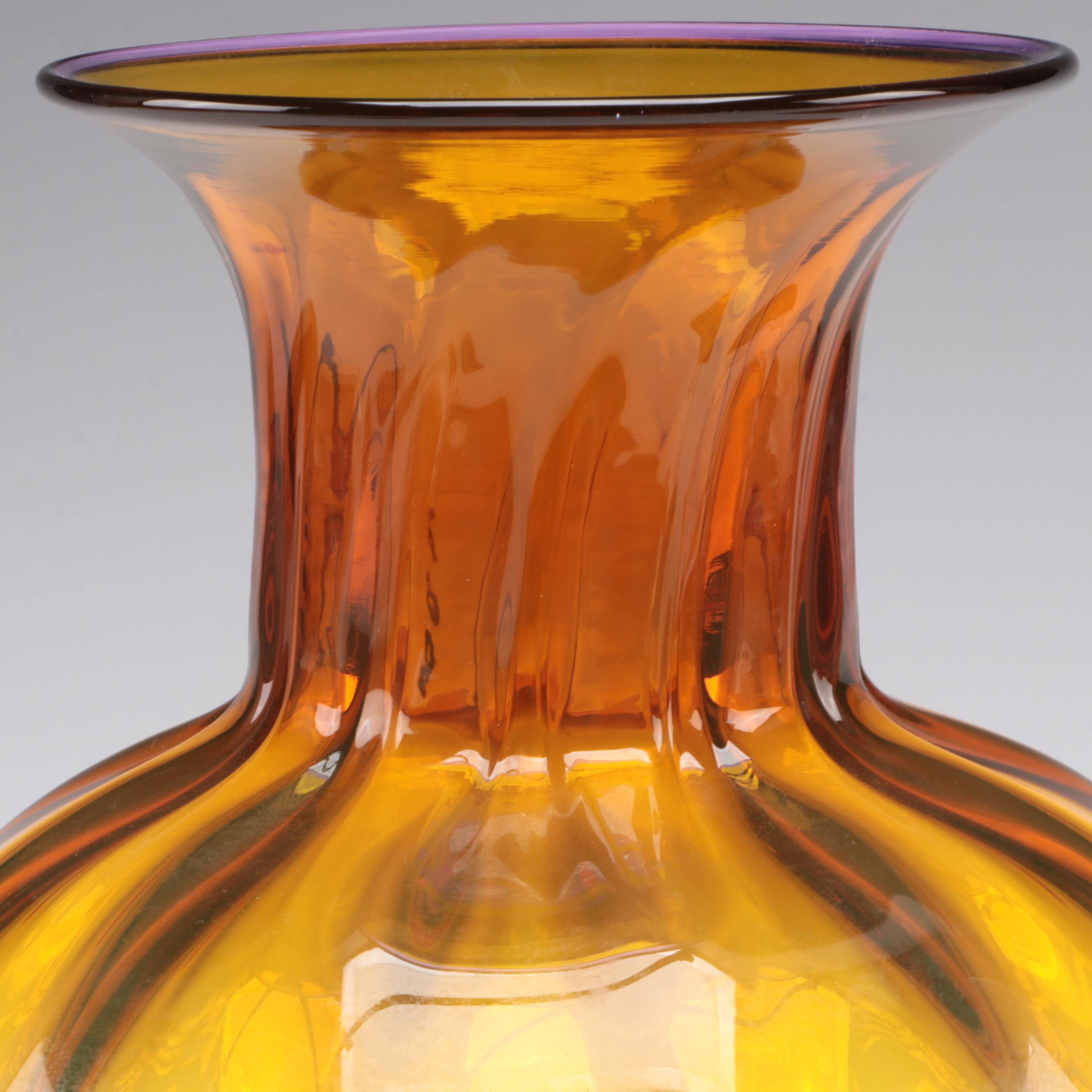 Chatham Glass Co. Amber Glass Vase With Stained Glass Suncatchers
