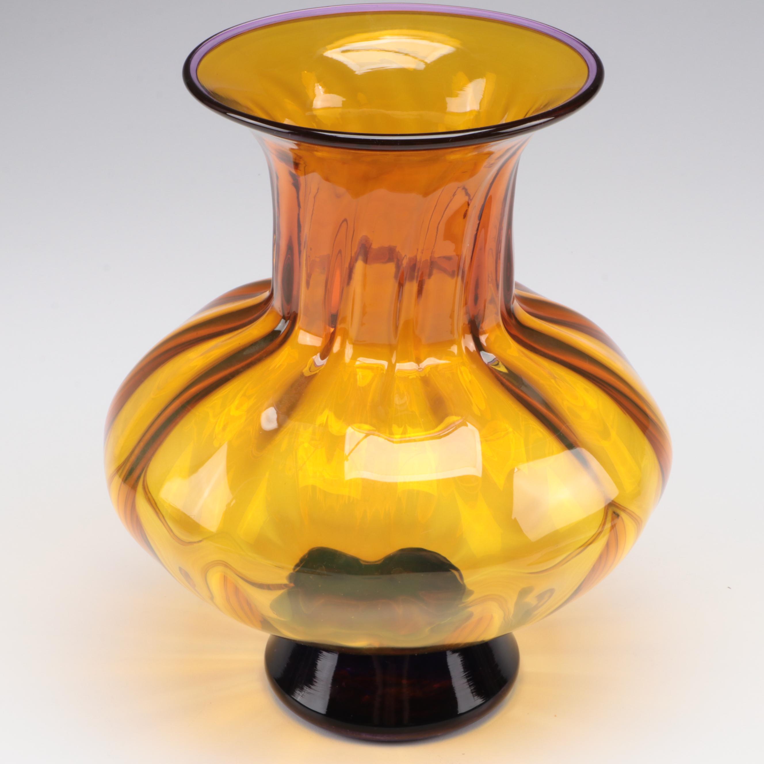 Chatham Glass Co. Amber Glass Vase With Stained Glass Suncatchers