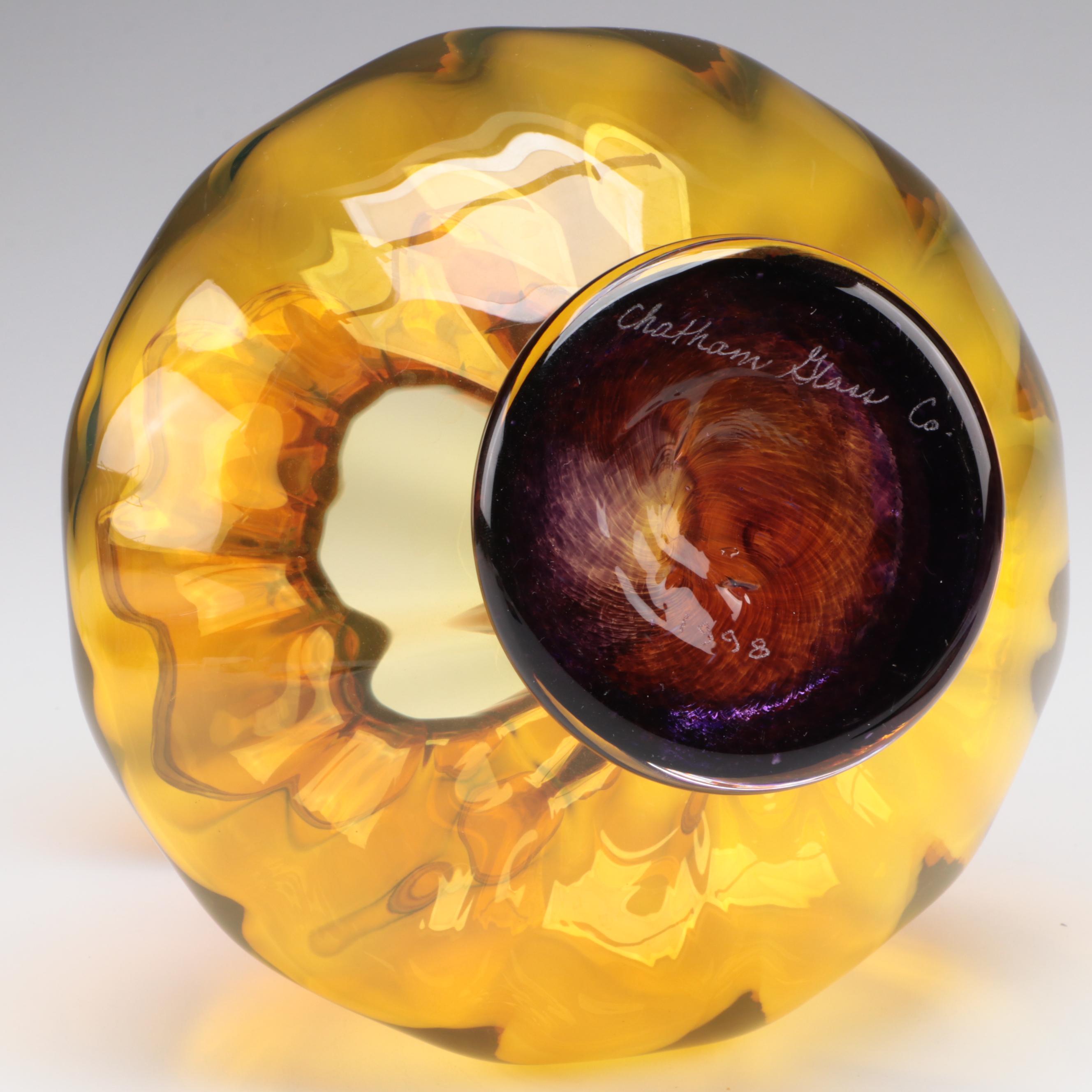 Chatham Glass Co. Amber Glass Vase With Stained Glass Suncatchers