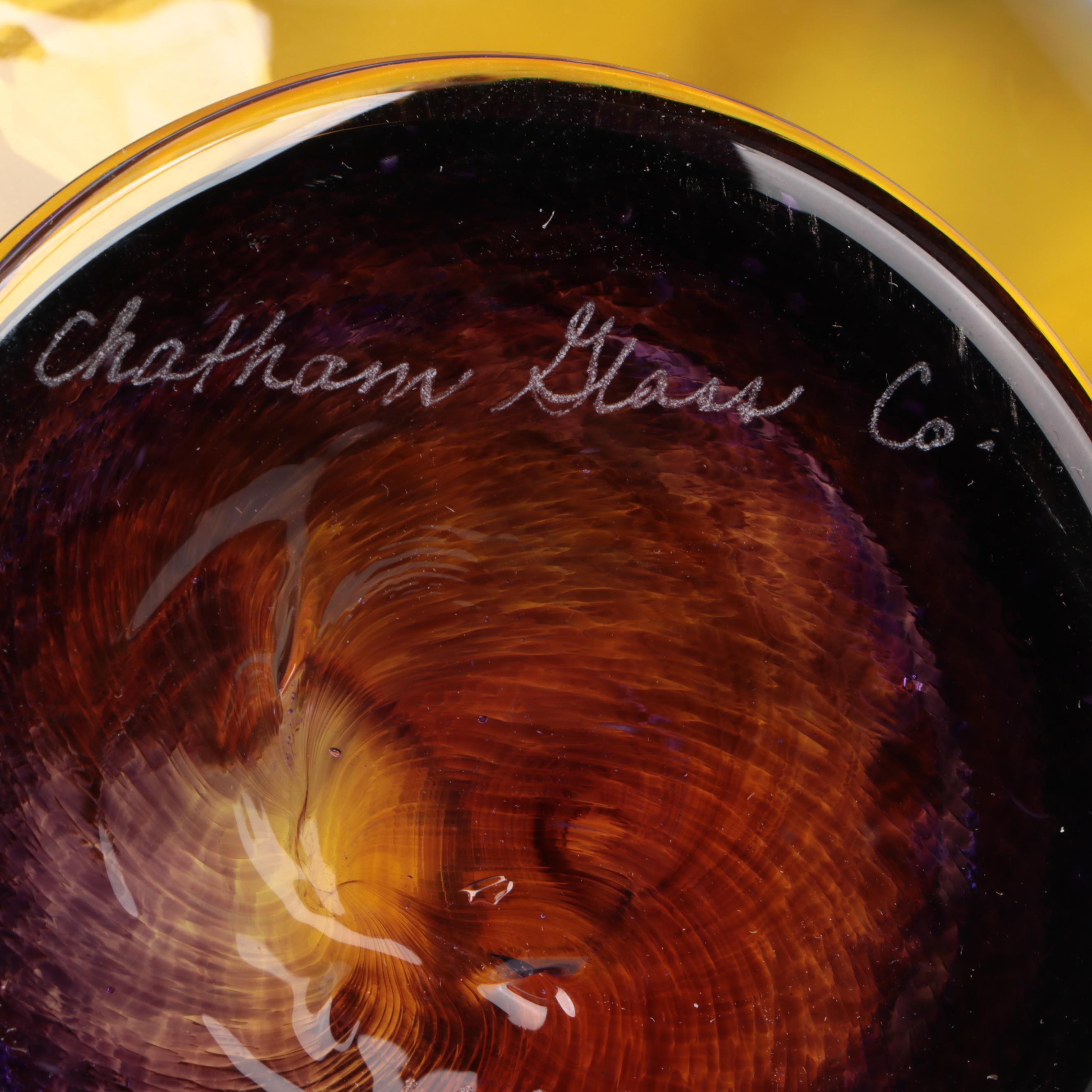 Chatham Glass Co. Amber Glass Vase With Stained Glass Suncatchers