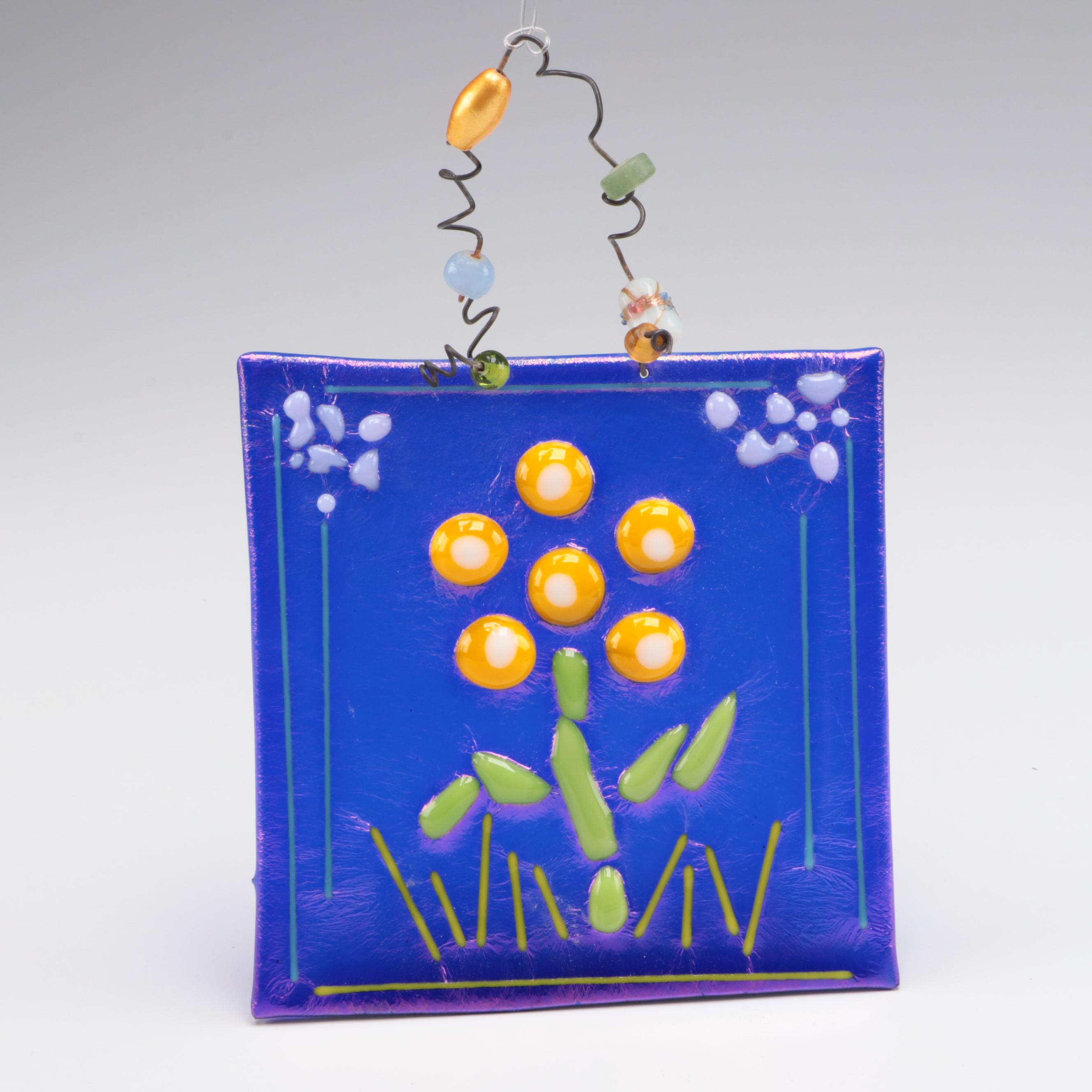 Chatham Glass Co. Amber Glass Vase With Stained Glass Suncatchers