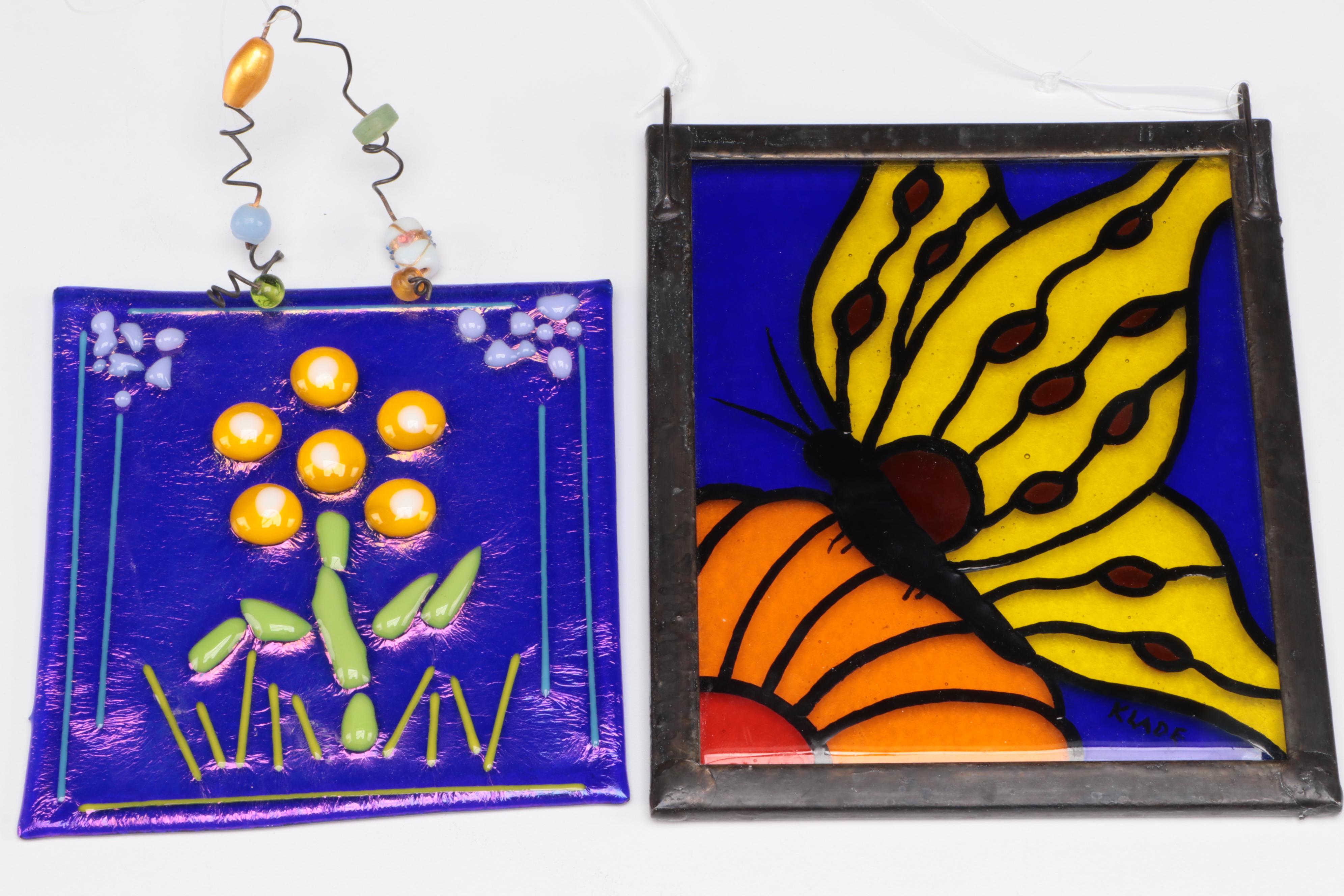 Chatham Glass Co. Amber Glass Vase With Stained Glass Suncatchers