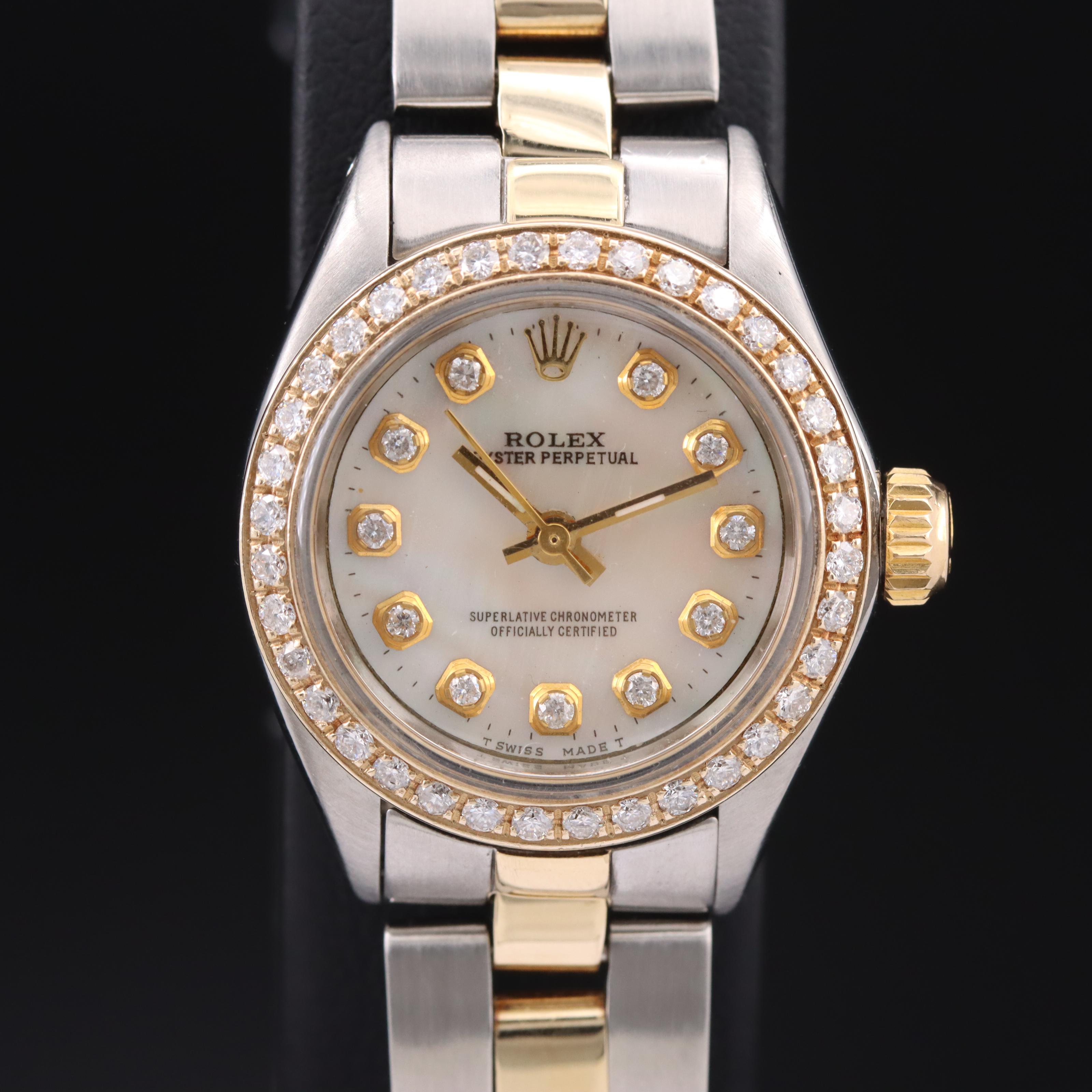 1987 Rolex Oyster Perpetual Mother-of-Pearl and Diamond Bezel Watch