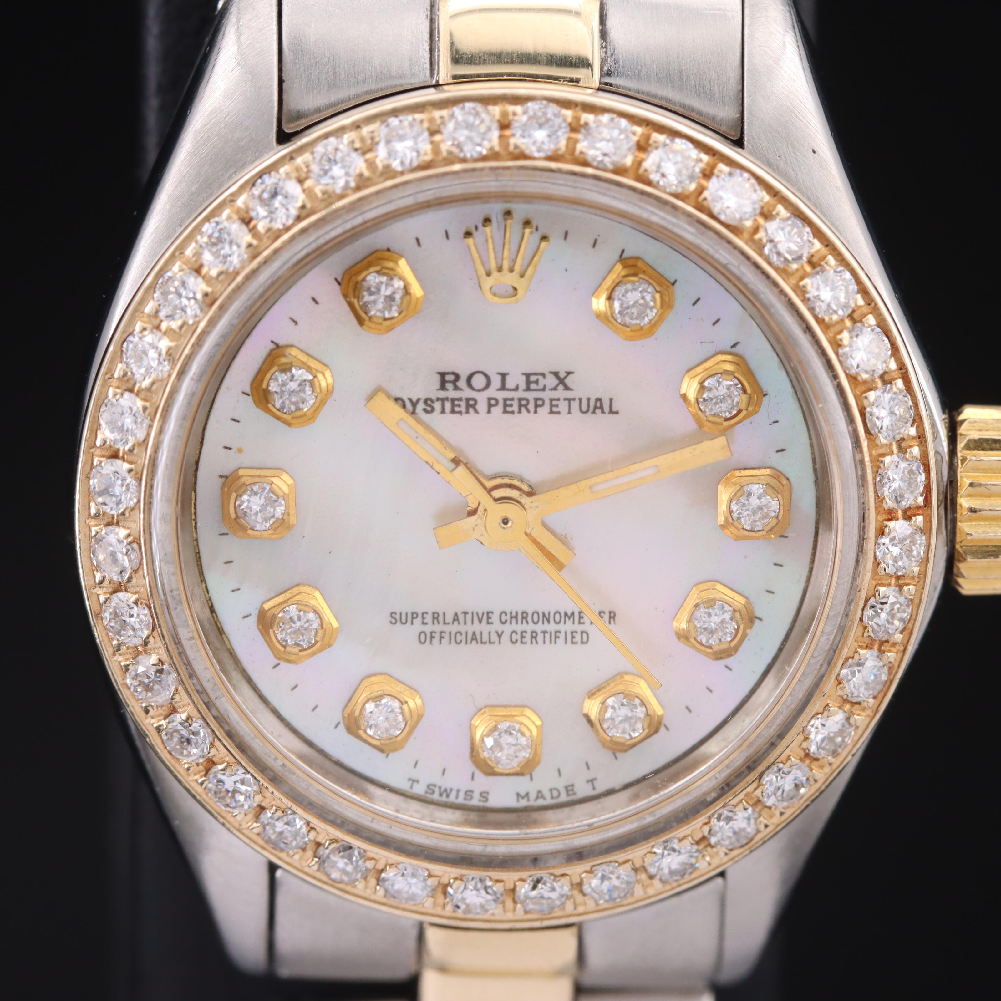 1987 Rolex Oyster Perpetual Mother-of-Pearl and Diamond Bezel Watch