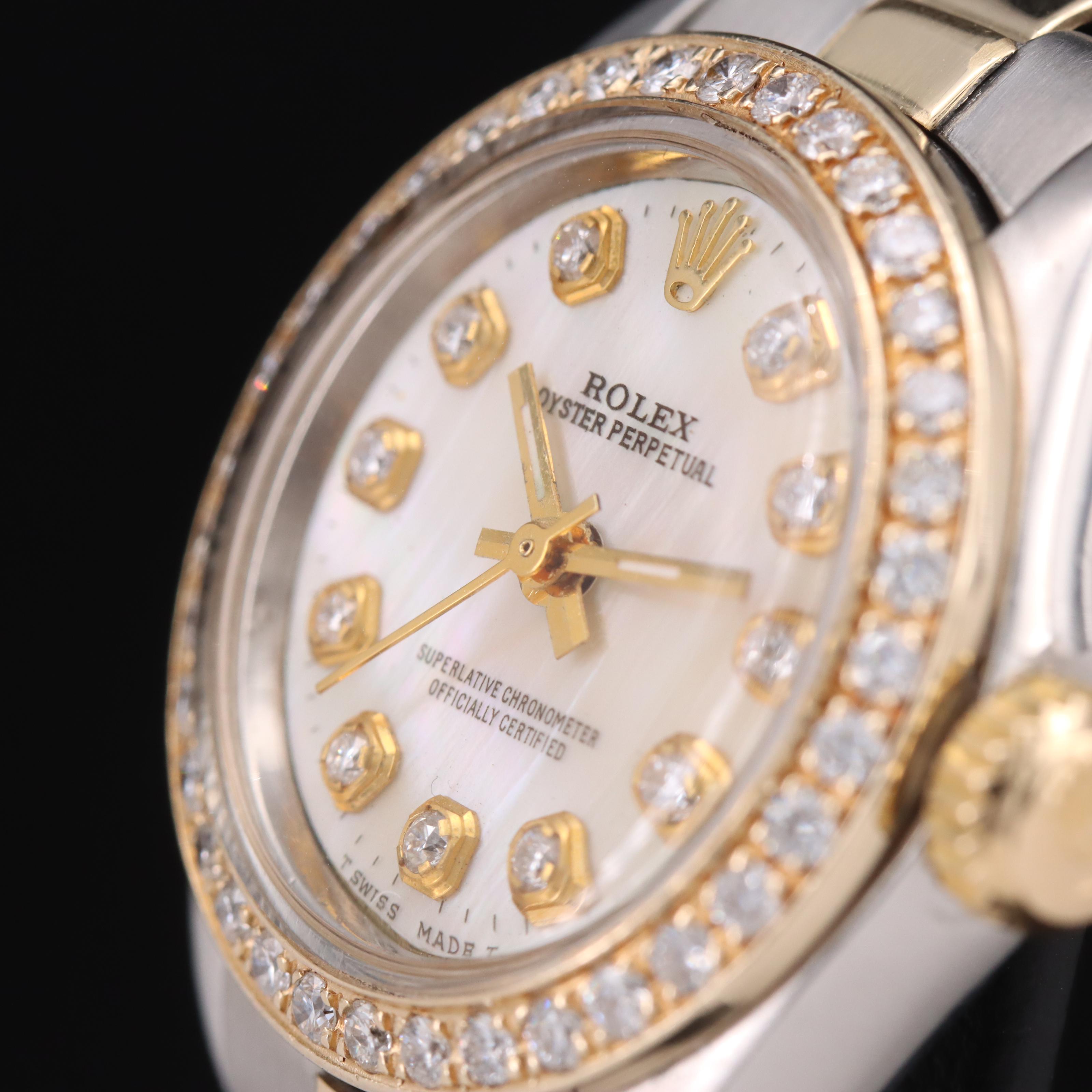 1987 Rolex Oyster Perpetual Mother-of-Pearl and Diamond Bezel Watch