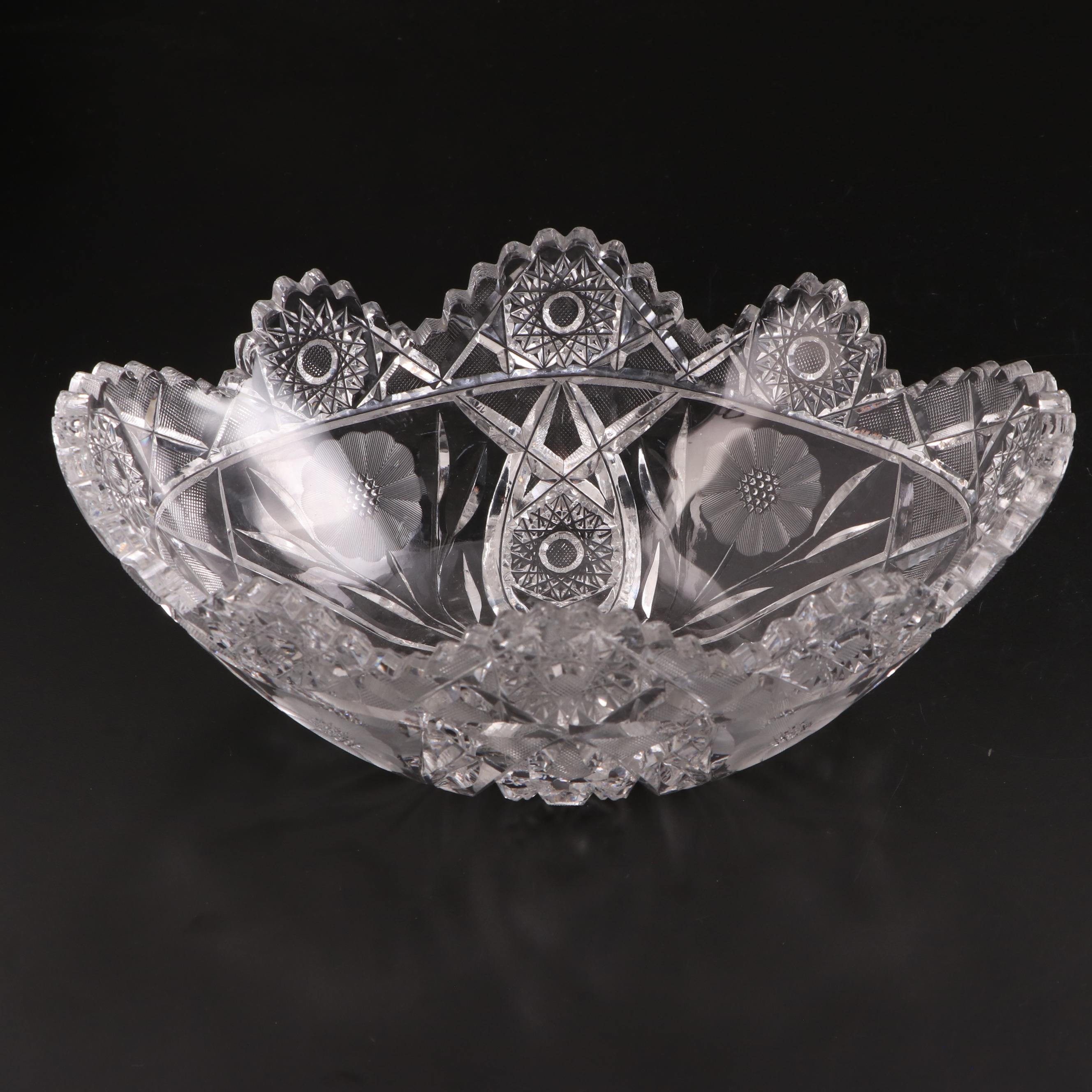 American Brilliant Style Cut Glass Bowl and Jar with Etched Glass Serving Bowl