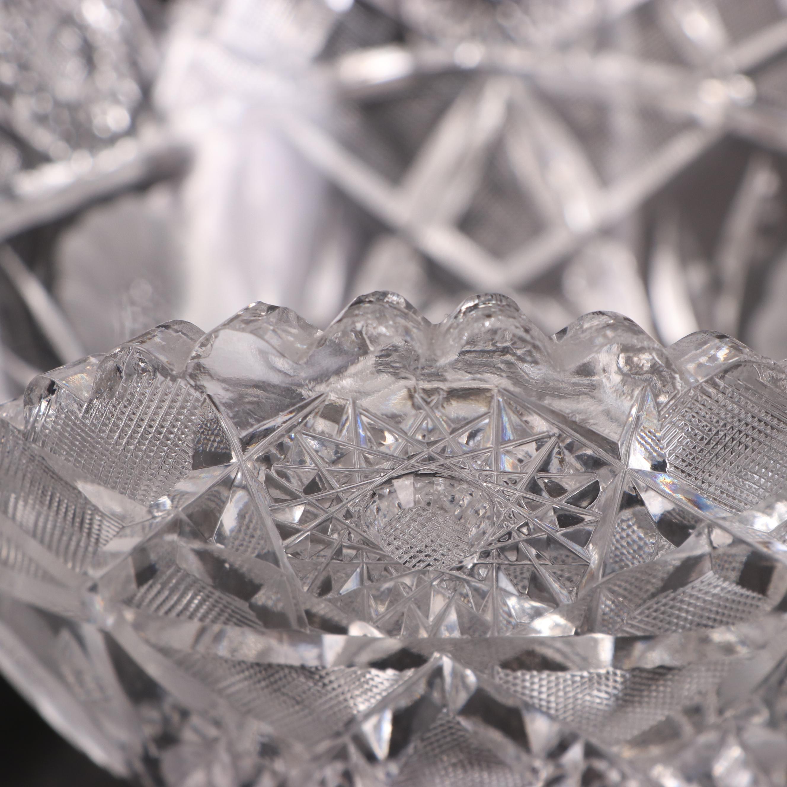 American Brilliant Style Cut Glass Bowl and Jar with Etched Glass Serving Bowl