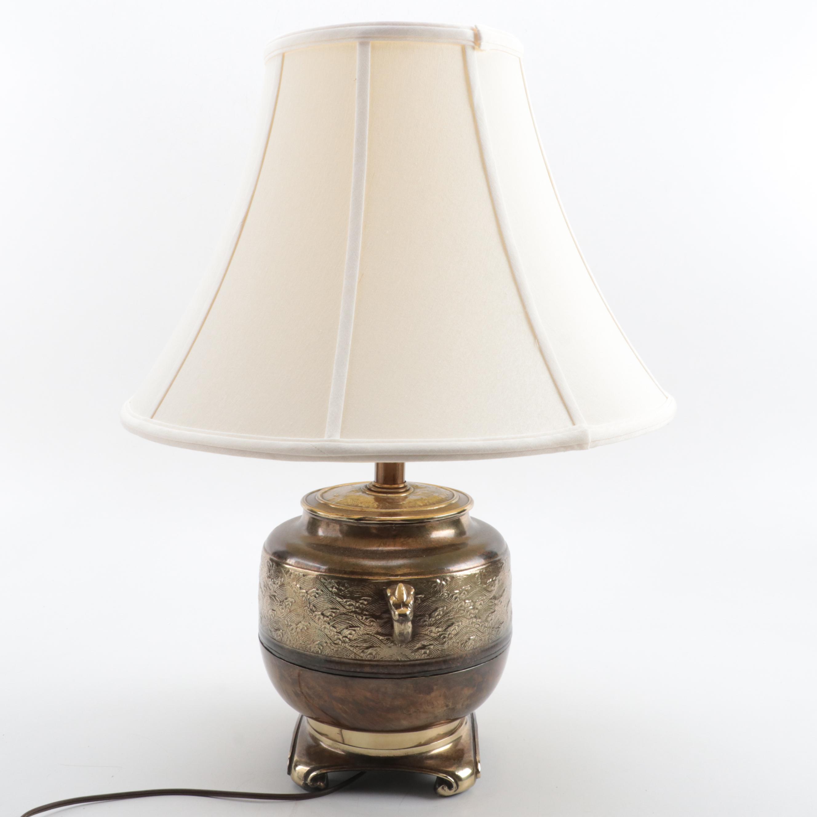 Gilt Metal and Bronzed Finish Persian Style Handled Vessel Lamp, Mid-20th C