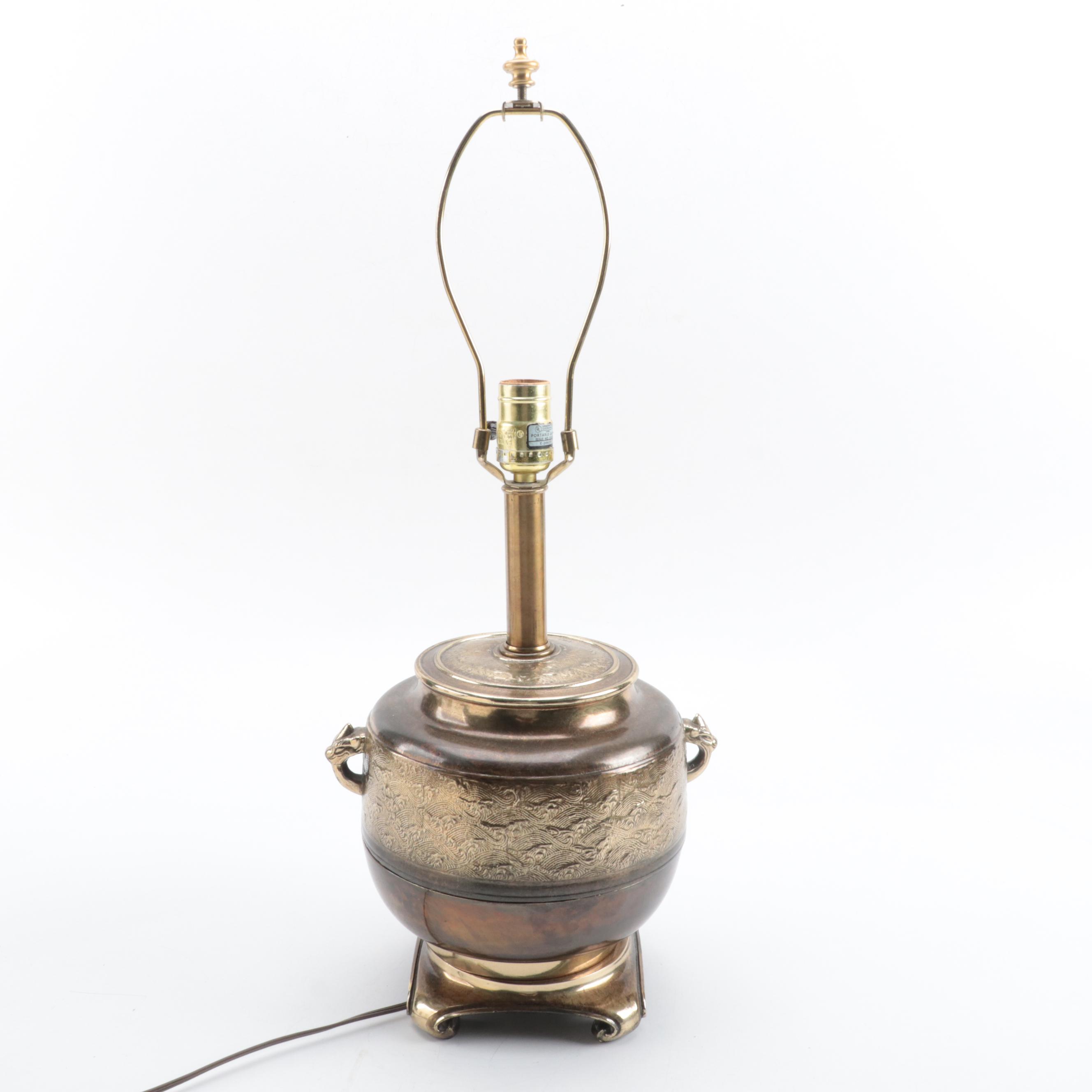 Gilt Metal and Bronzed Finish Persian Style Handled Vessel Lamp, Mid-20th C