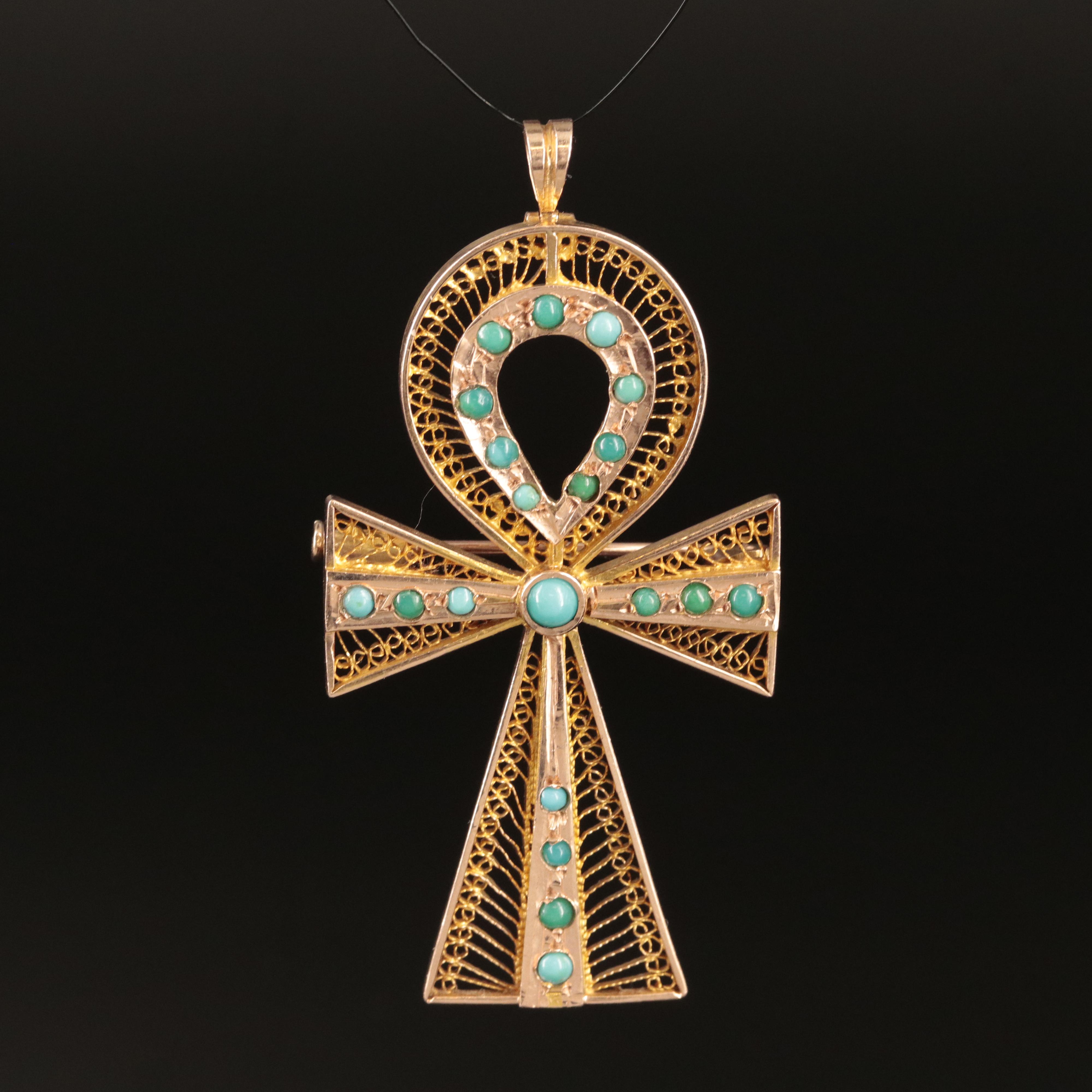 12K Turquoise Filigree Ankh Converter Brooch