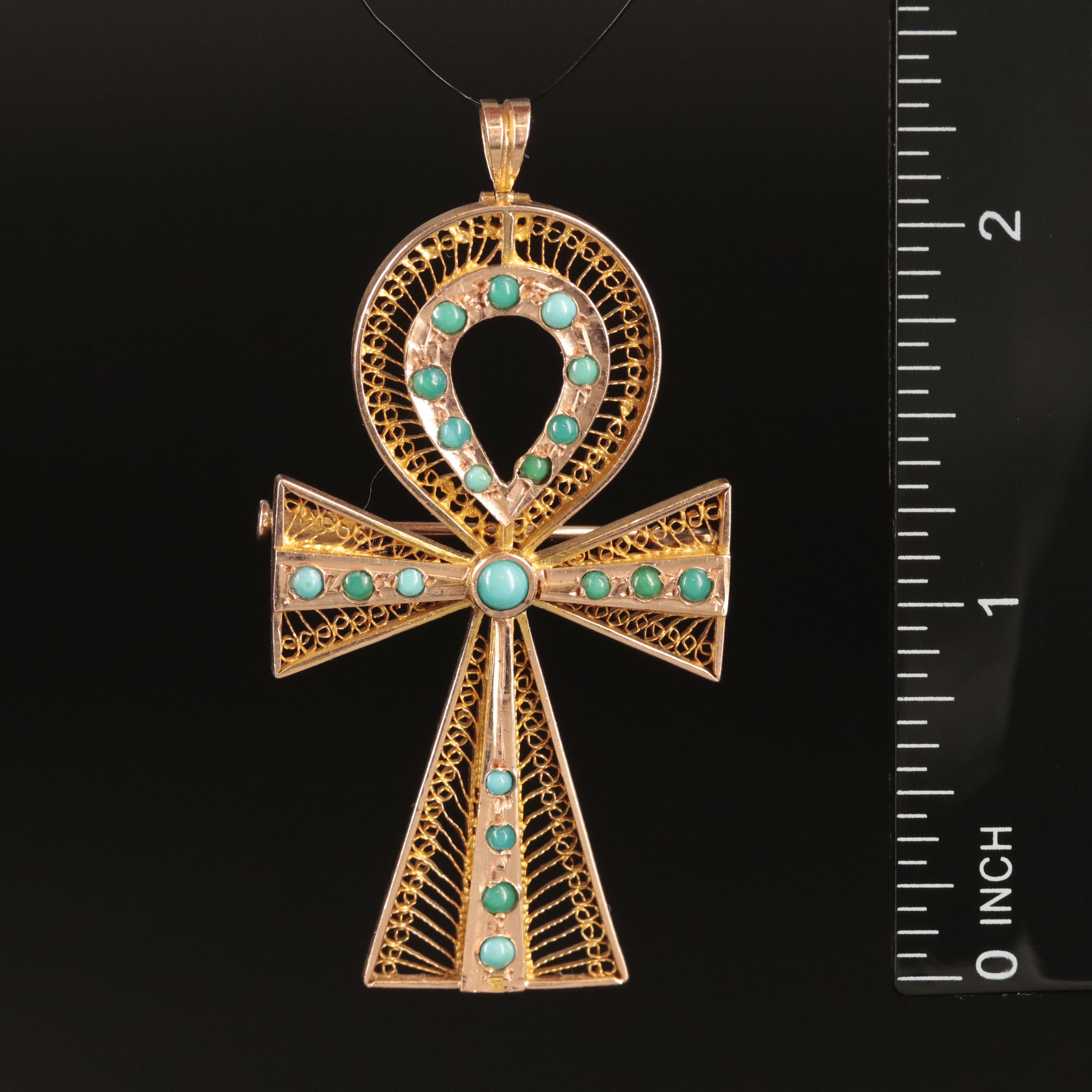 12K Turquoise Filigree Ankh Converter Brooch