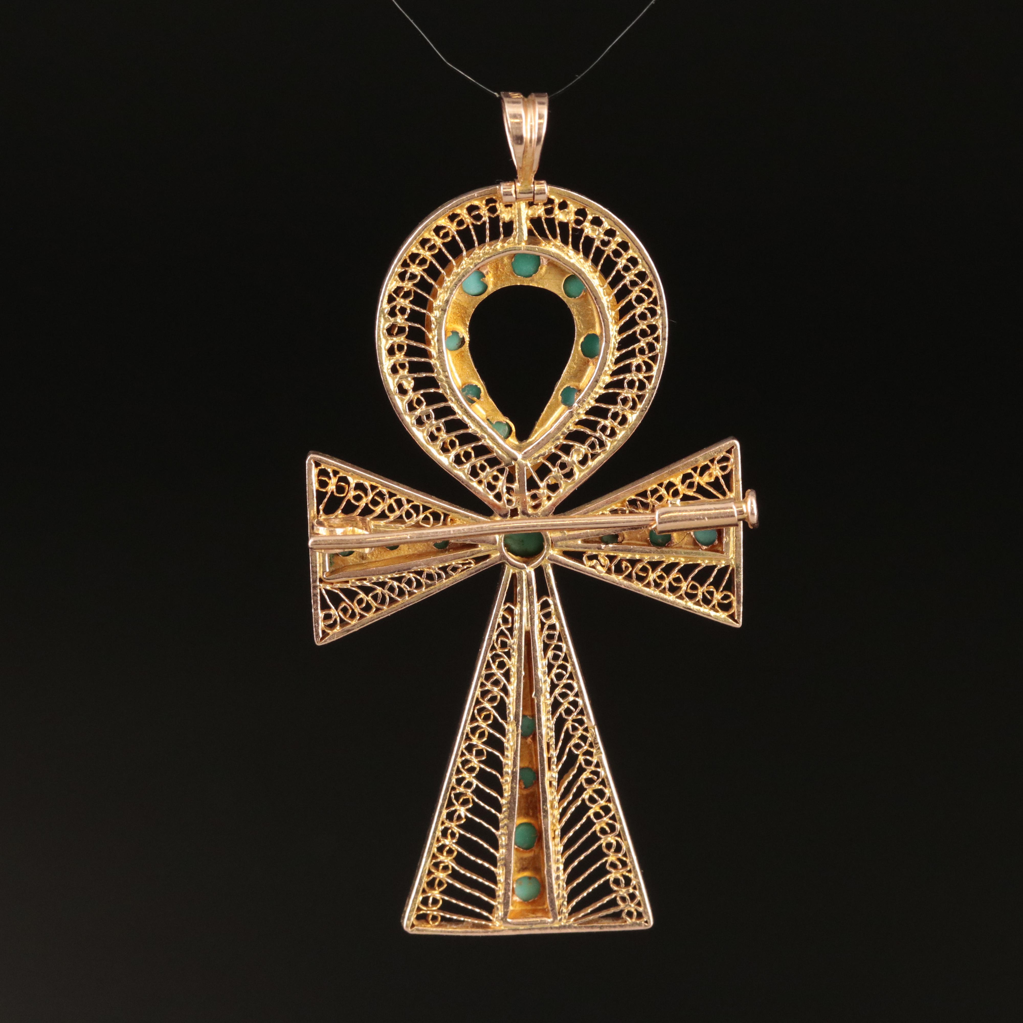 12K Turquoise Filigree Ankh Converter Brooch