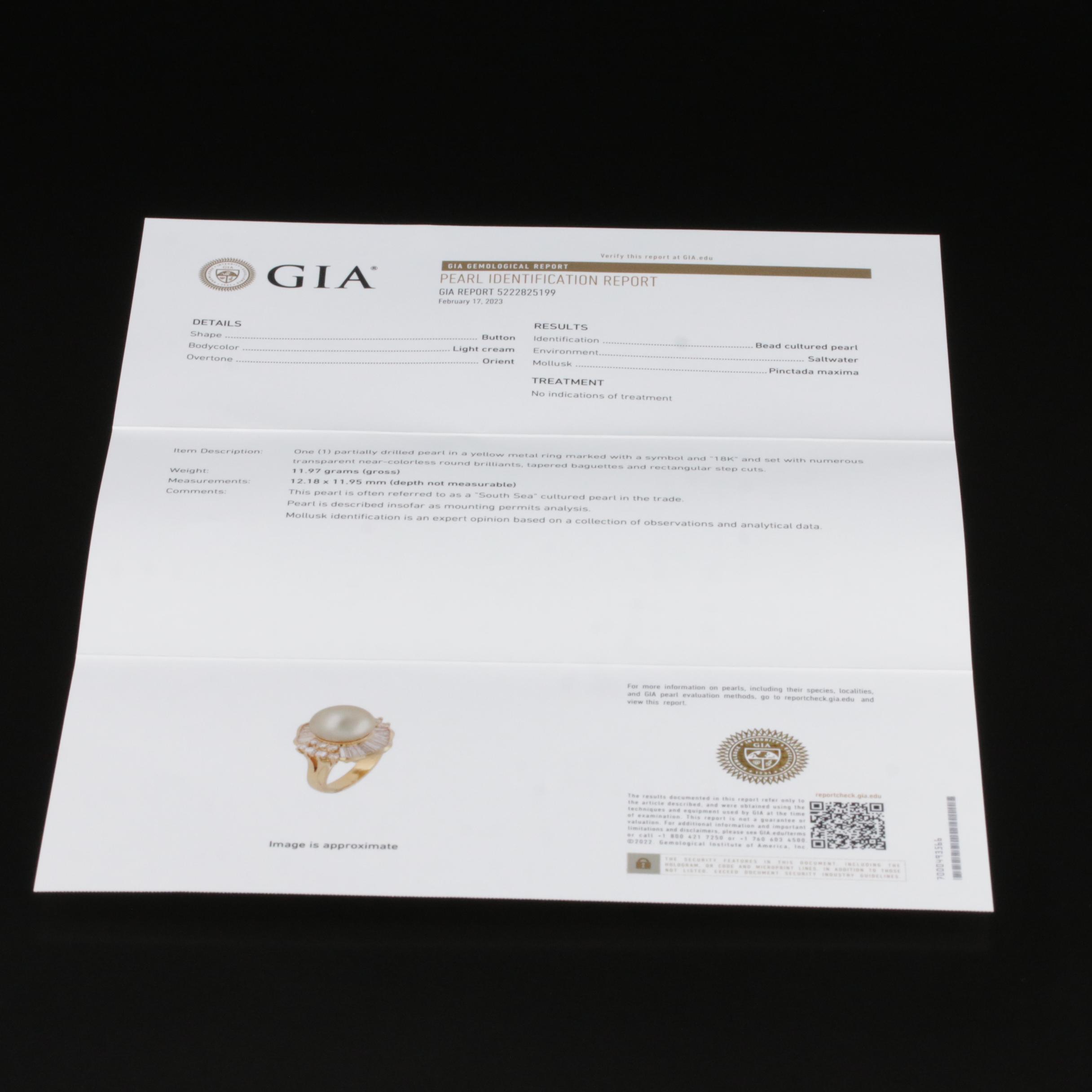 18K South Sea Pearl and 1.40 CTW Diamond Ring with GIA Report