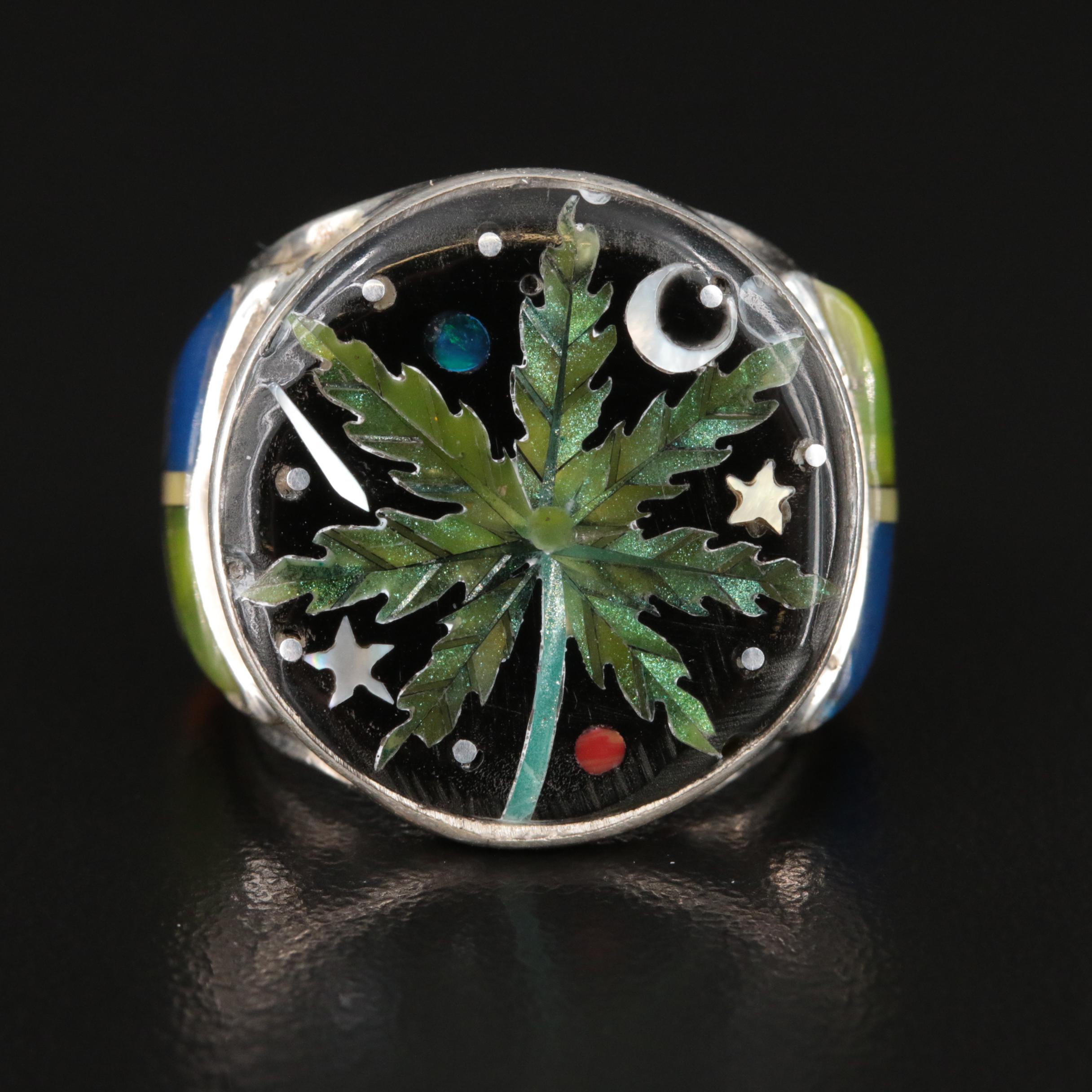 Sterling Mother-of-Pearl and Spiny Oyster Cannabis Leaf Ring