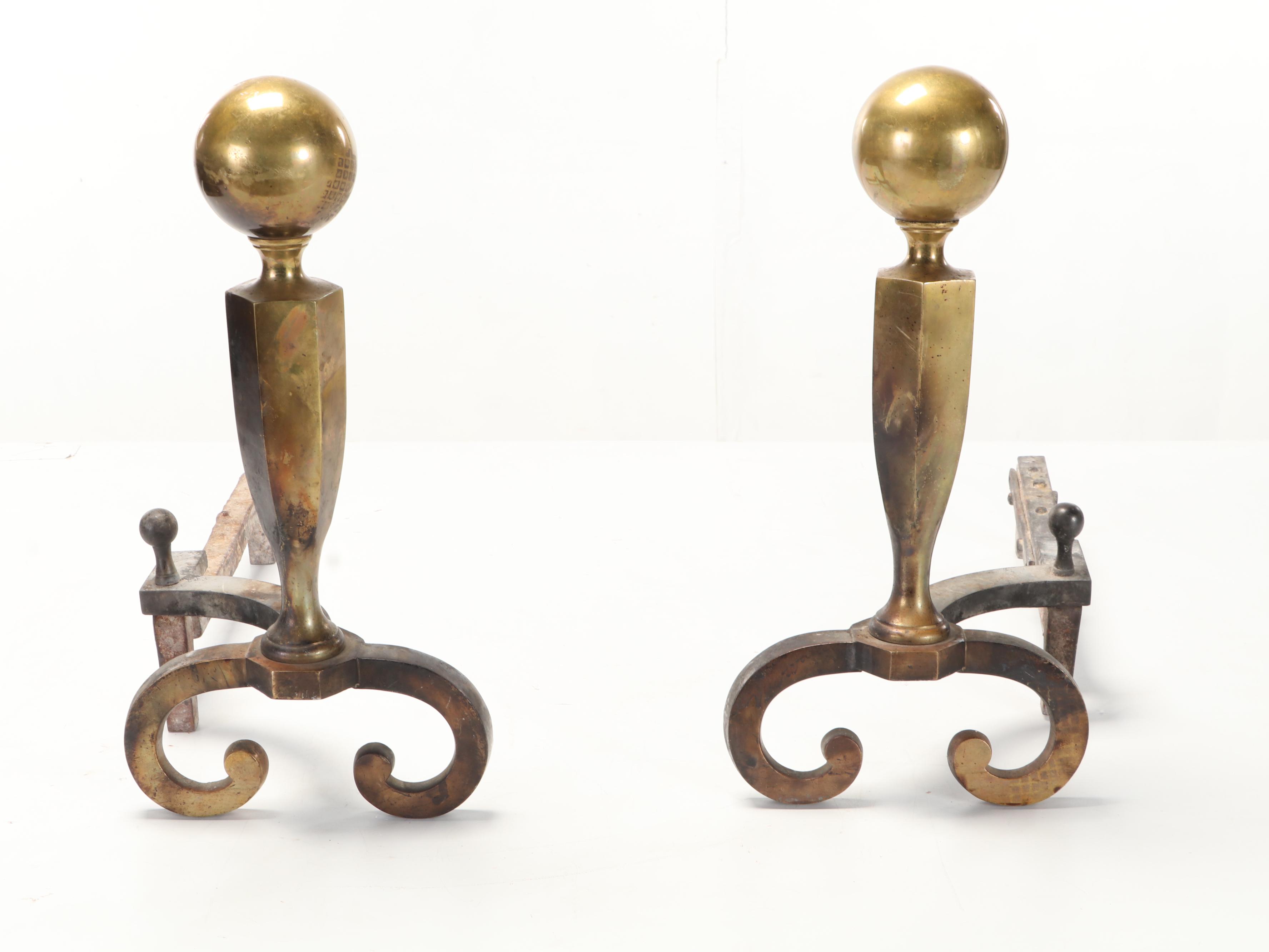 Brass Cannonball Andirons and Fire Tools Set with Mesh Front Firescreen