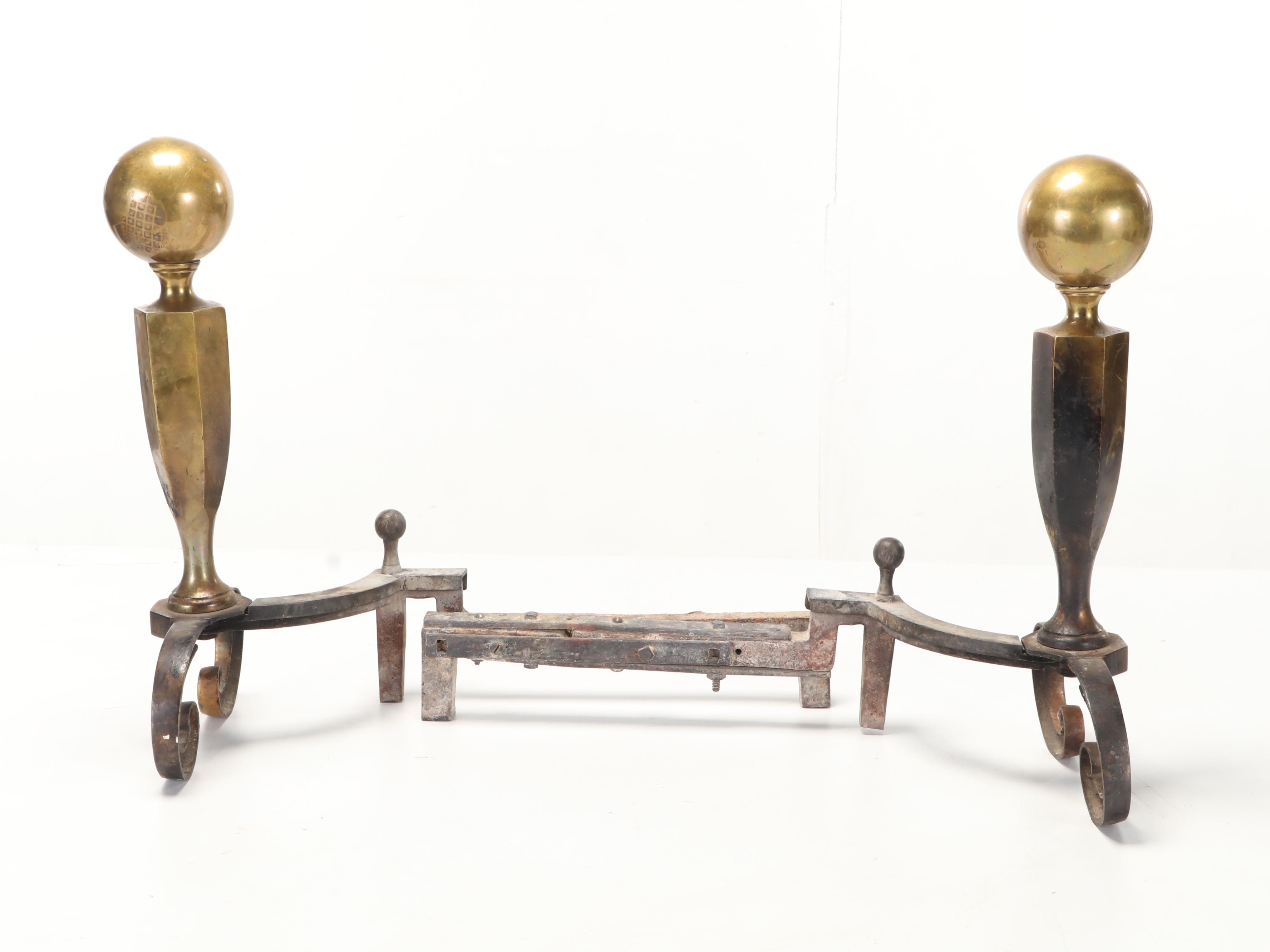 Brass Cannonball Andirons and Fire Tools Set with Mesh Front Firescreen