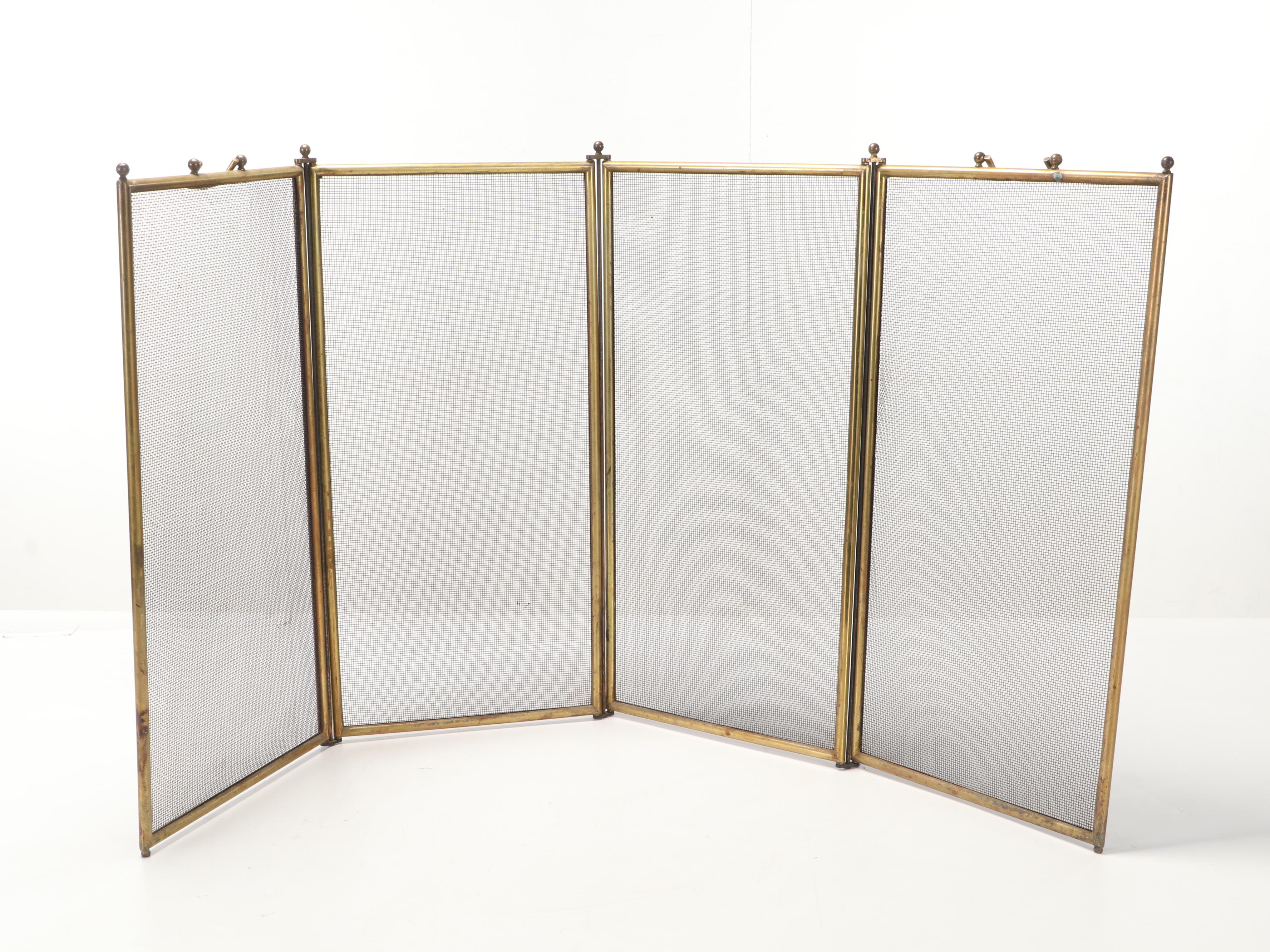 Brass Cannonball Andirons and Fire Tools Set with Mesh Front Firescreen