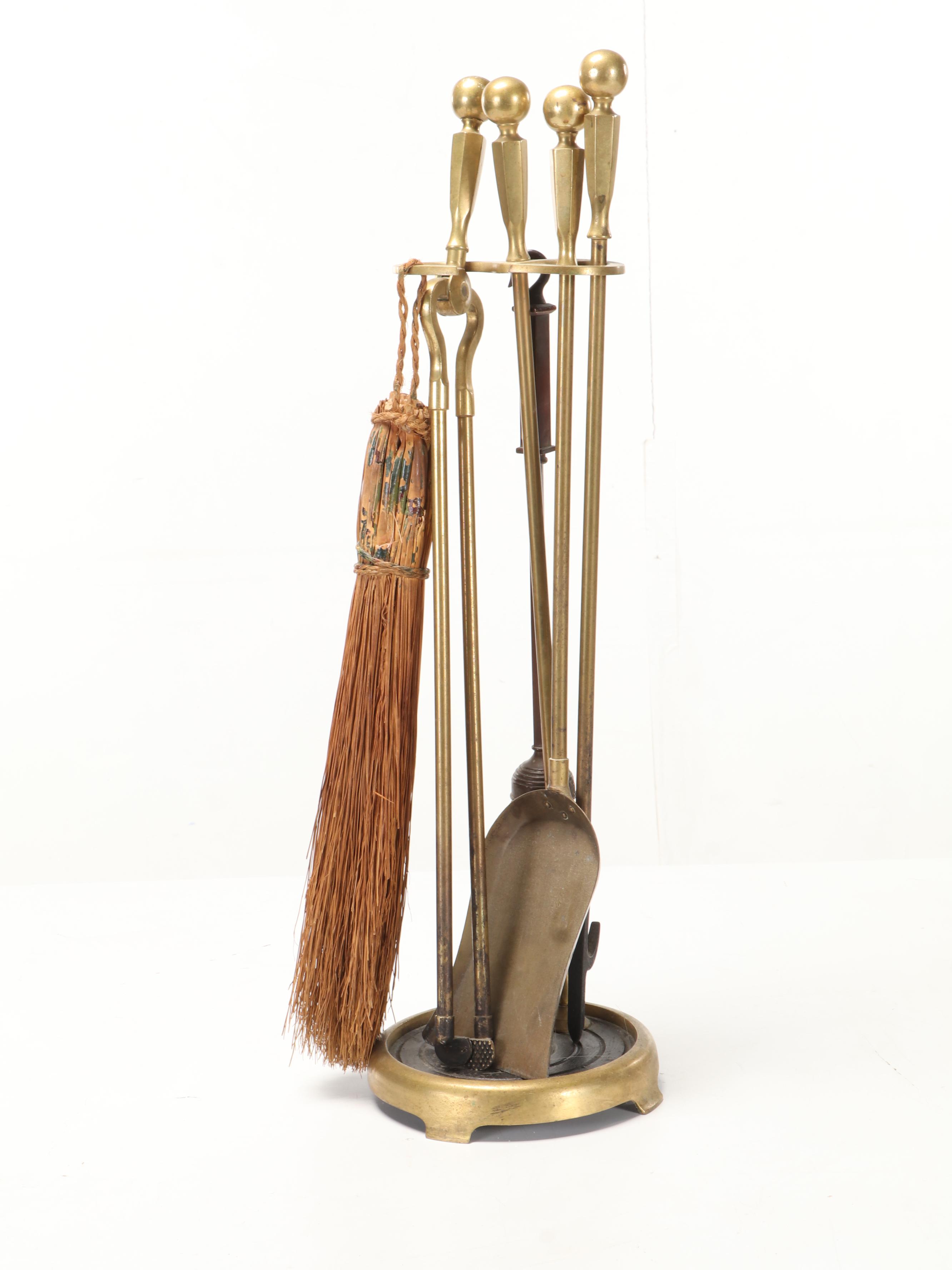 Brass Cannonball Andirons and Fire Tools Set with Mesh Front Firescreen