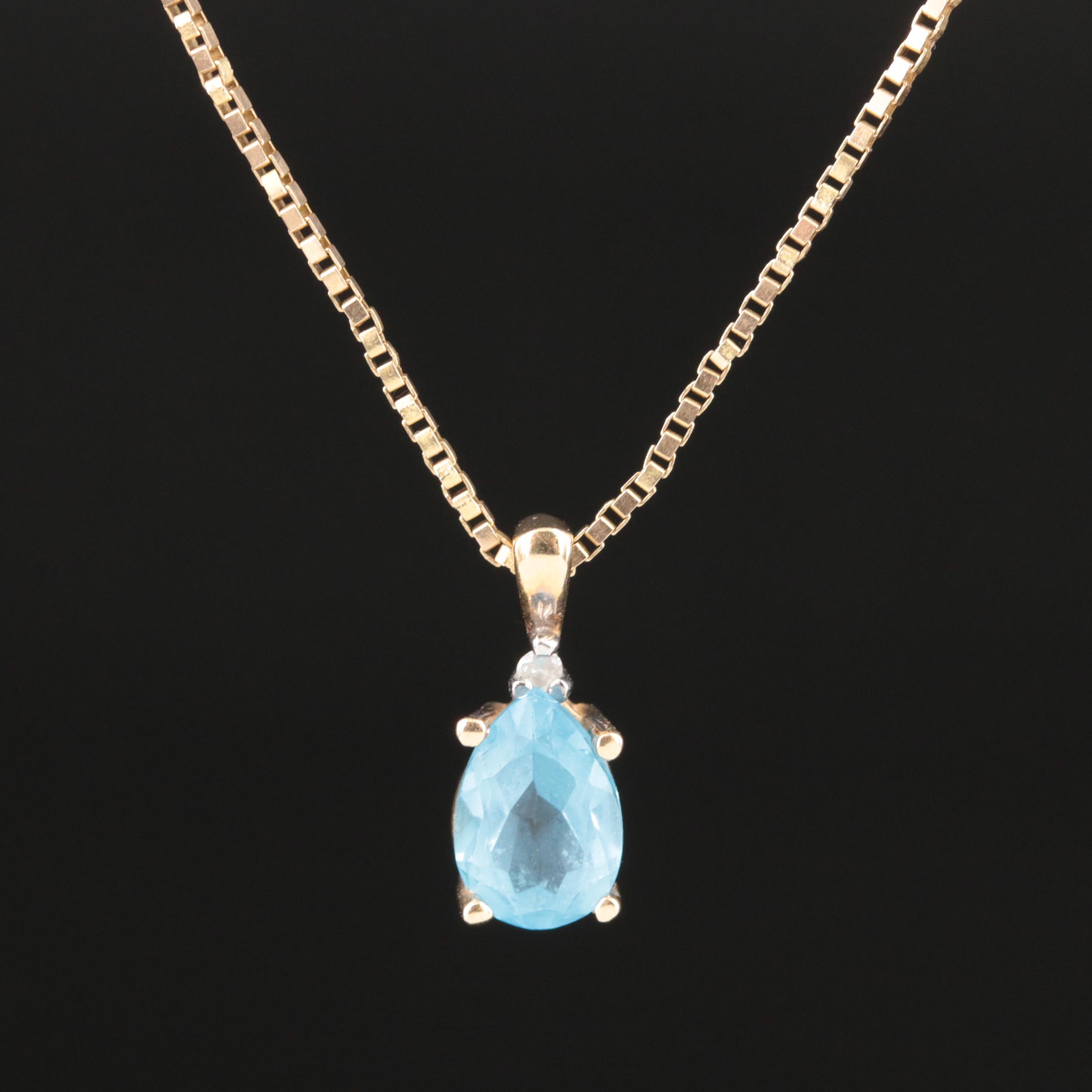 10K Sky Blue Topaz and Diamond Pendant on 14K Chain Necklace
