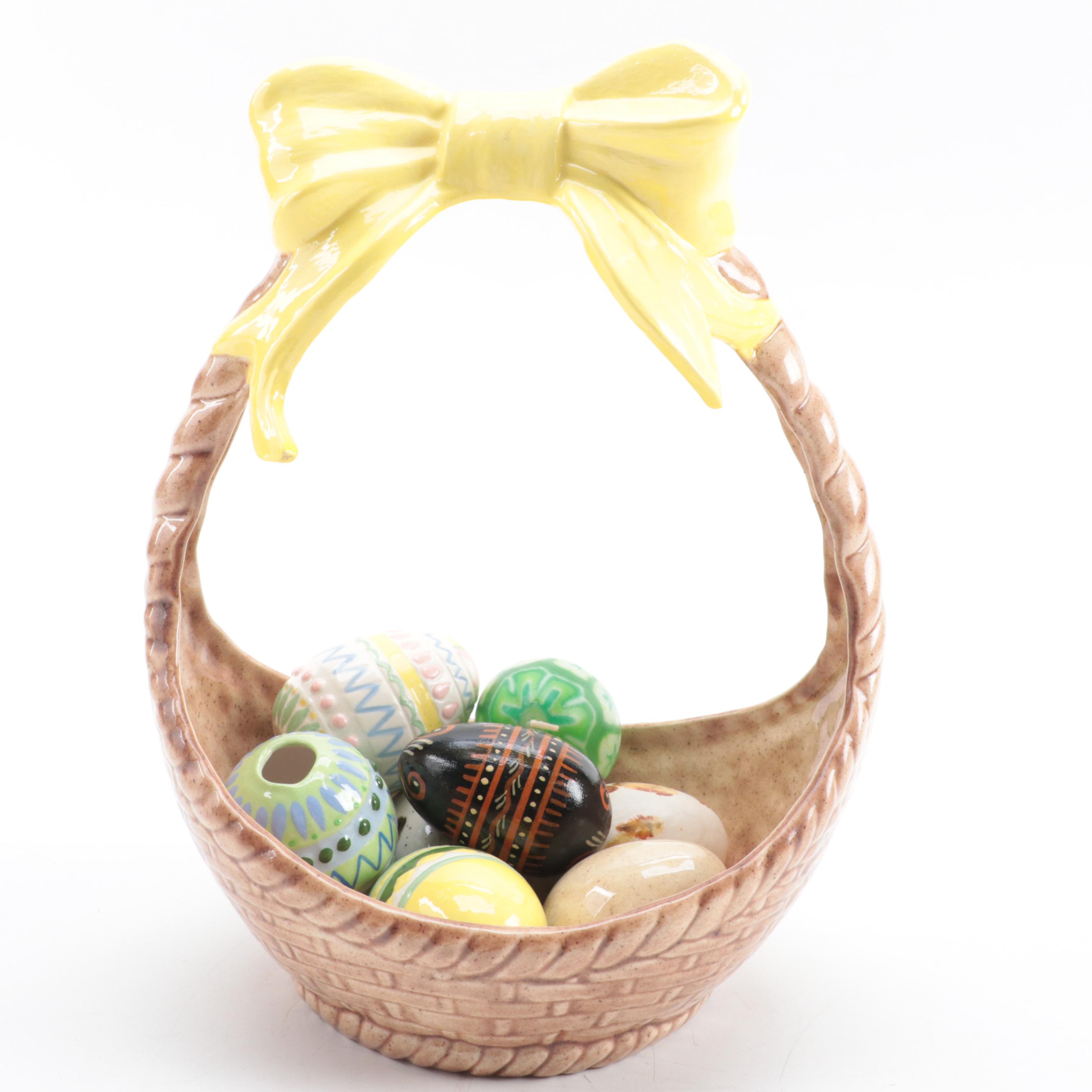 Ceramic Basket with Easter Eggs, Alabaster Figurine and Votive Holder