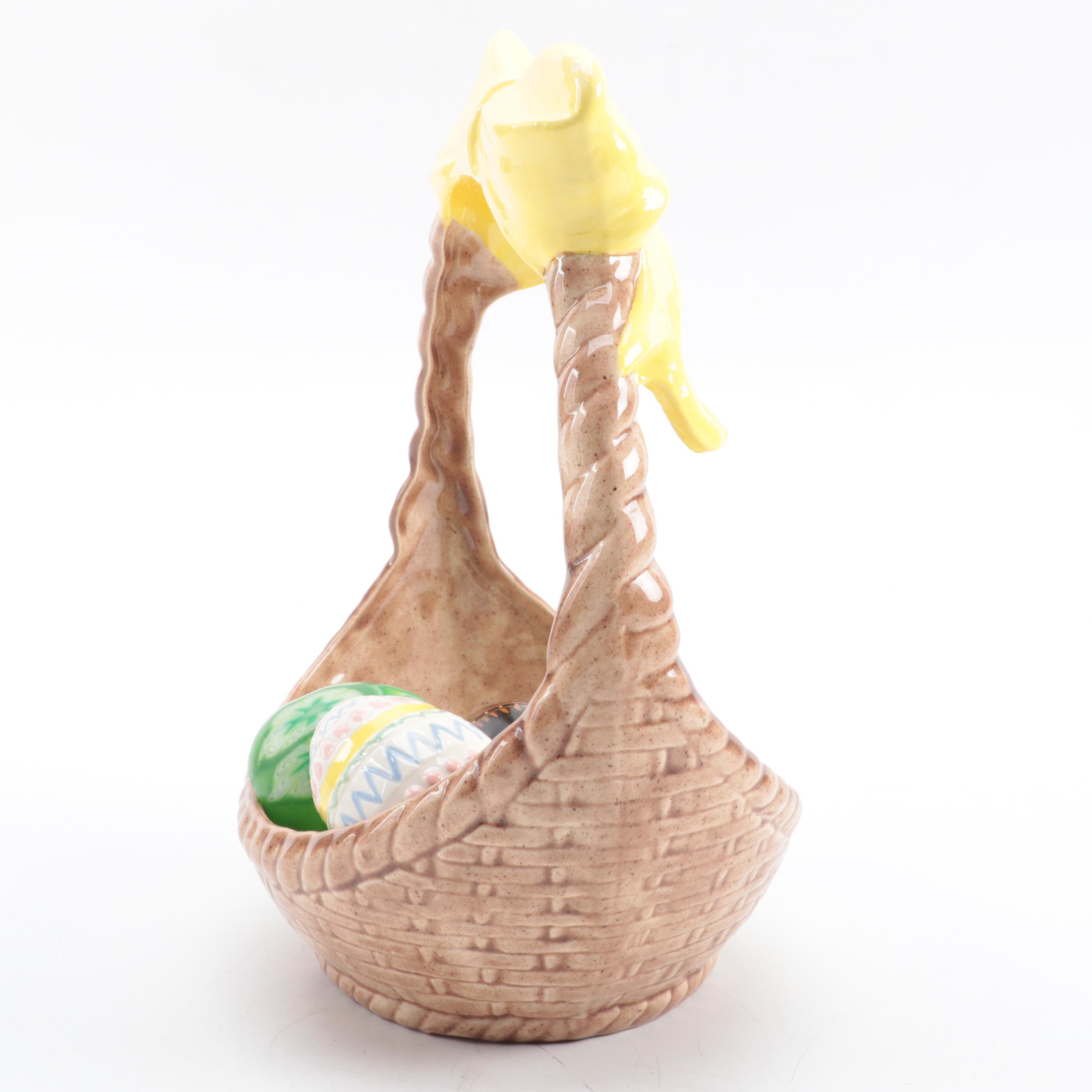Ceramic Basket with Easter Eggs, Alabaster Figurine and Votive Holder