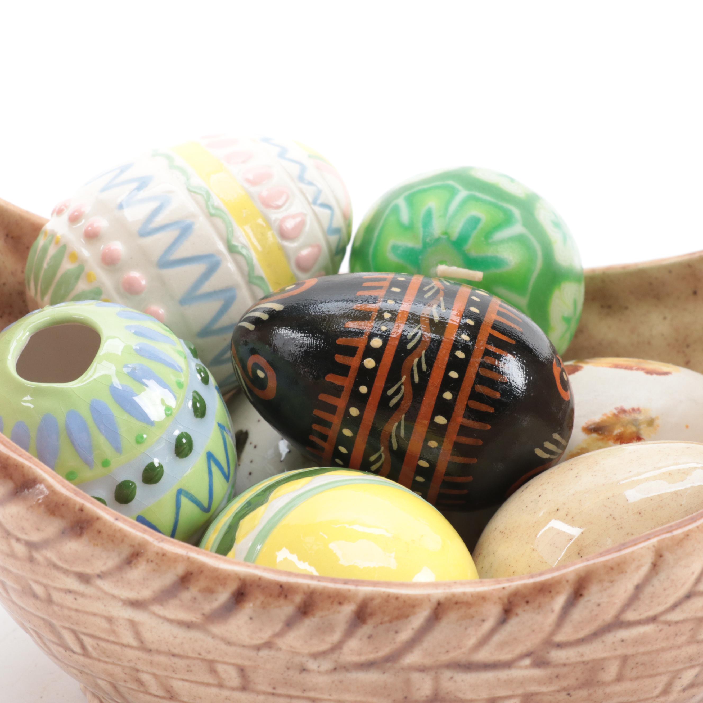 Ceramic Basket with Easter Eggs, Alabaster Figurine and Votive Holder