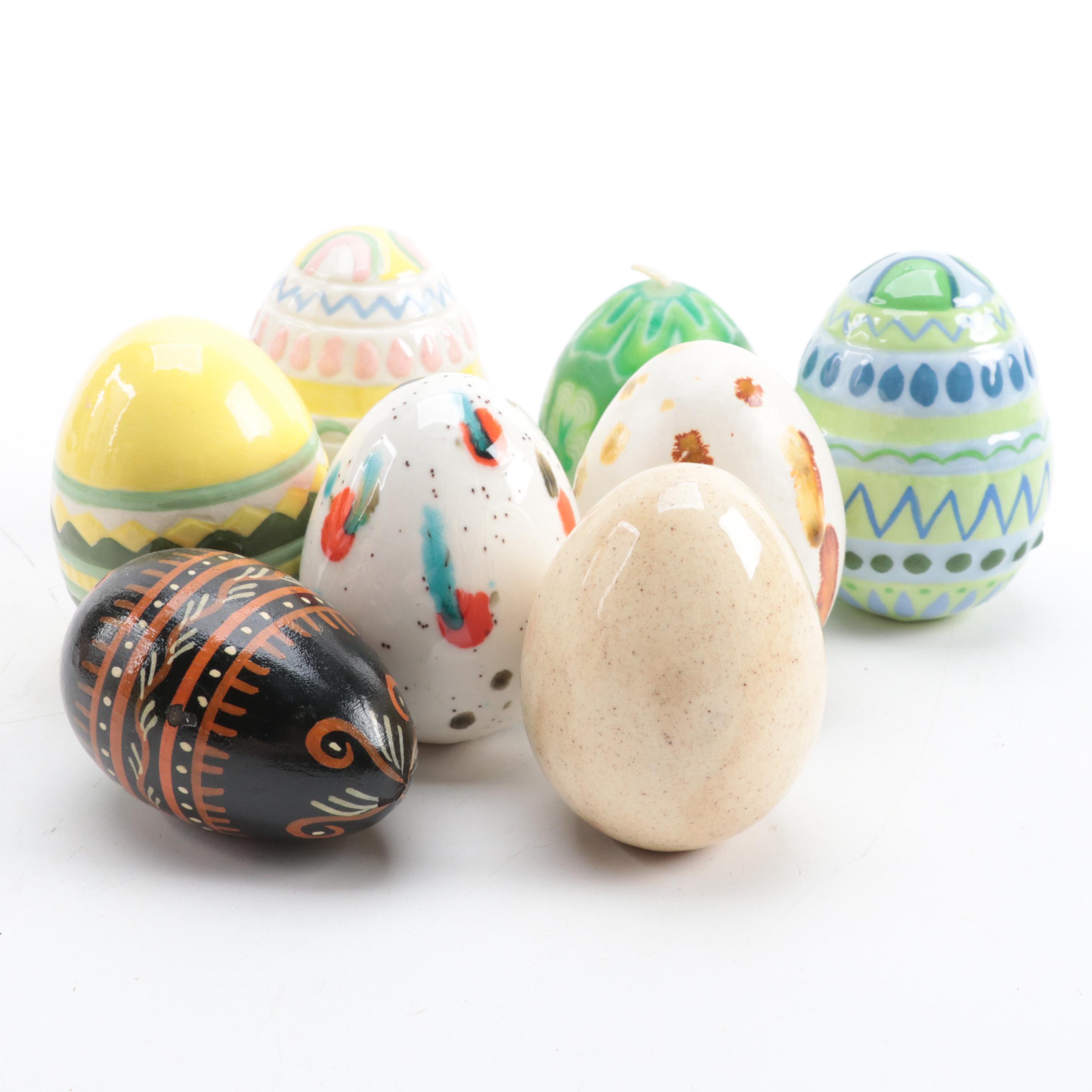 Ceramic Basket with Easter Eggs, Alabaster Figurine and Votive Holder