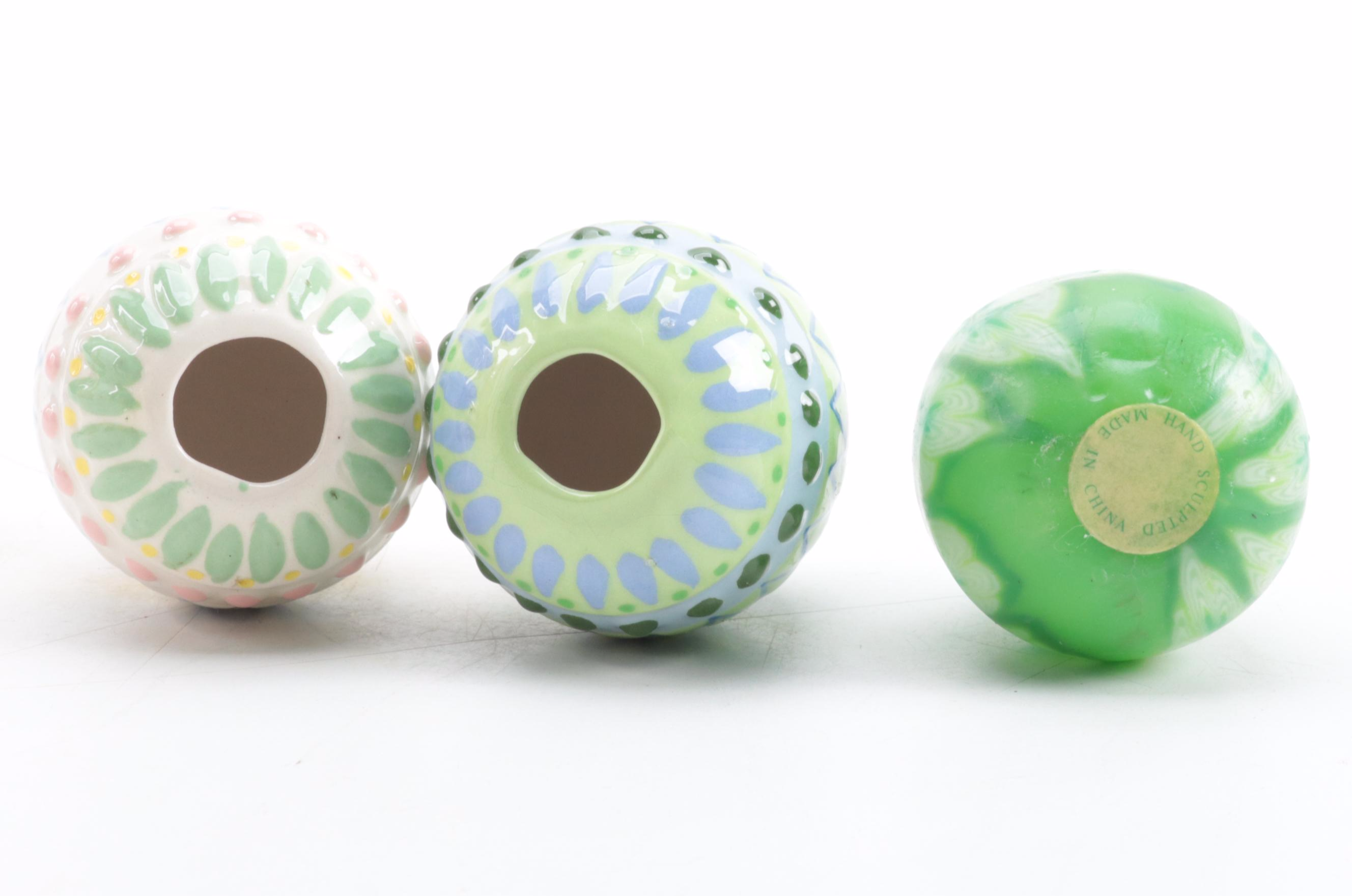 Ceramic Basket with Easter Eggs, Alabaster Figurine and Votive Holder