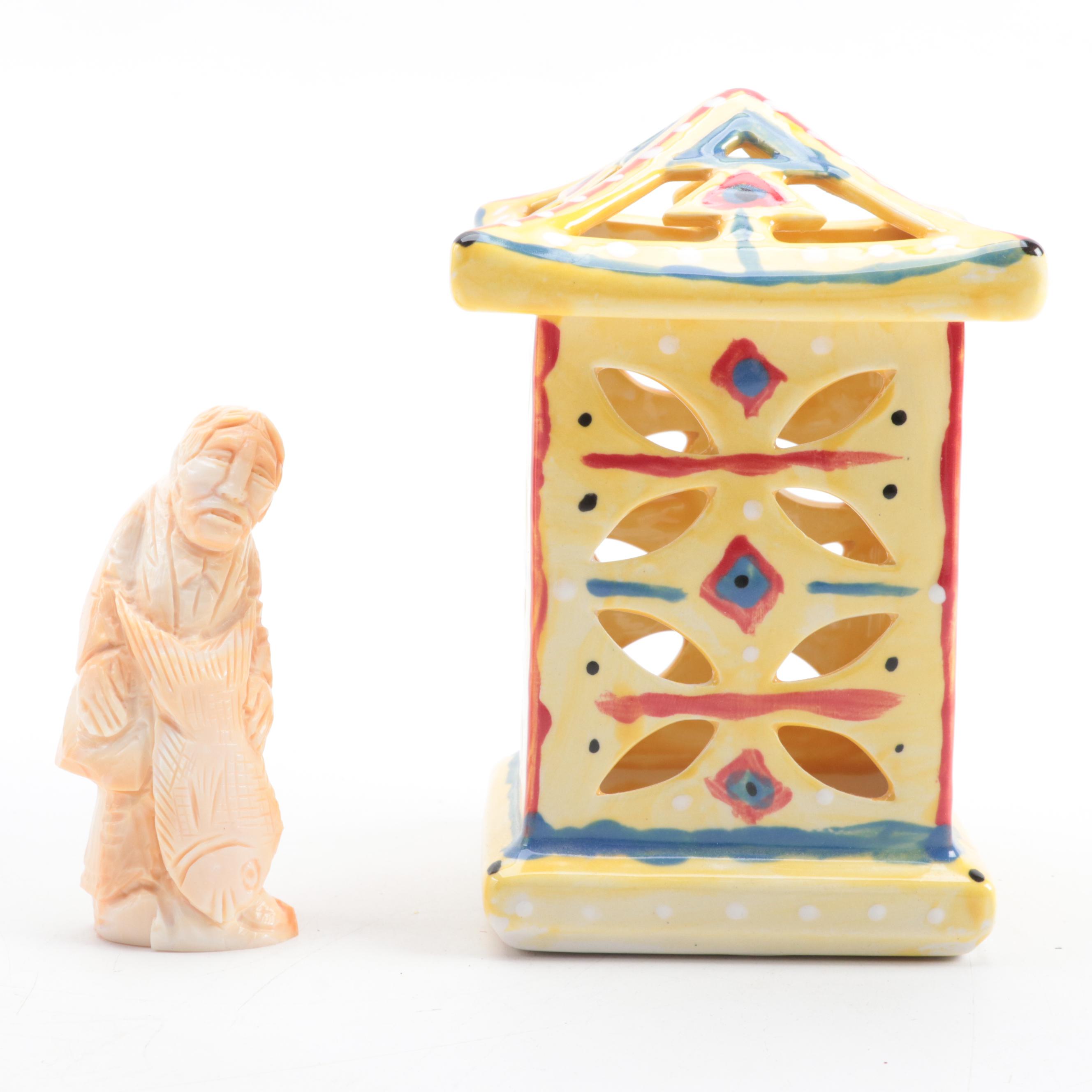 Ceramic Basket with Easter Eggs, Alabaster Figurine and Votive Holder