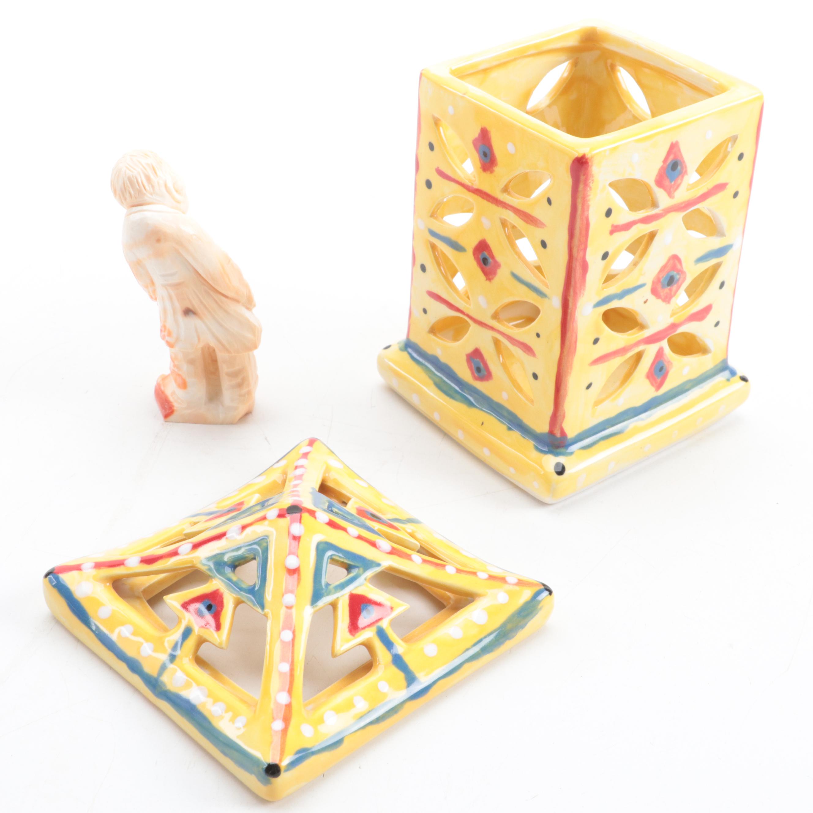 Ceramic Basket with Easter Eggs, Alabaster Figurine and Votive Holder