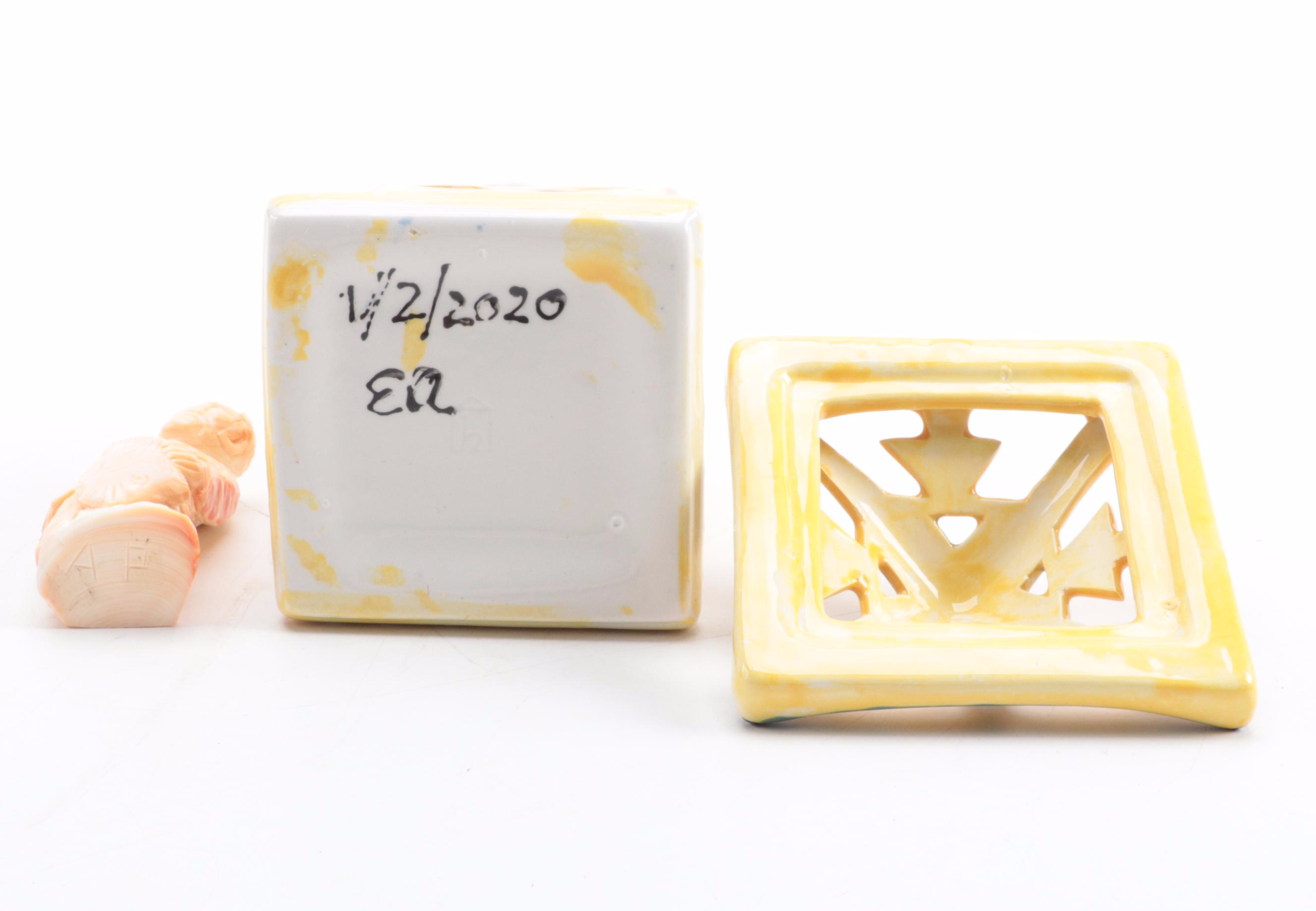 Ceramic Basket with Easter Eggs, Alabaster Figurine and Votive Holder