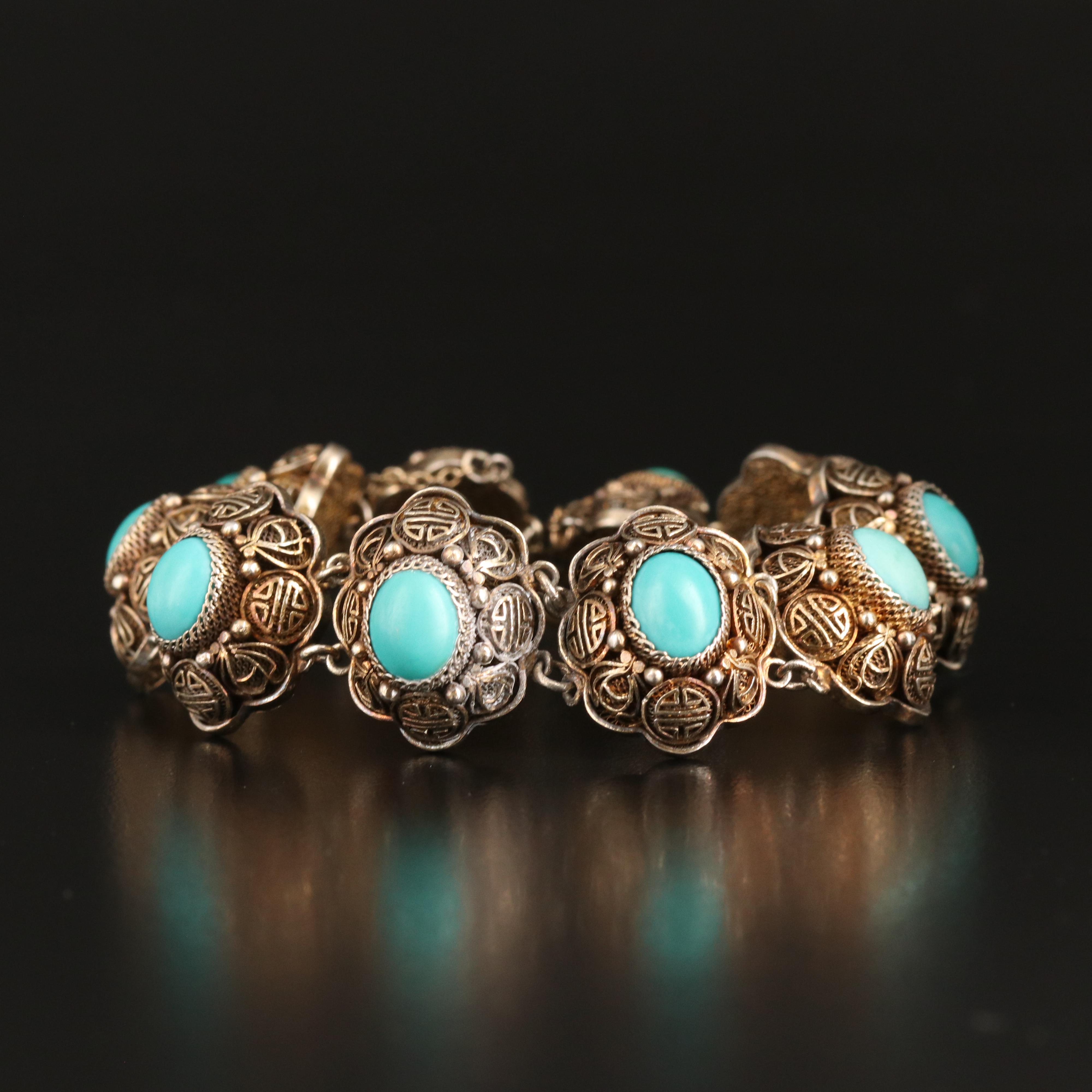 Chinese Export Sterling Turquoise Filigree Bracelet with Longevity Medallions