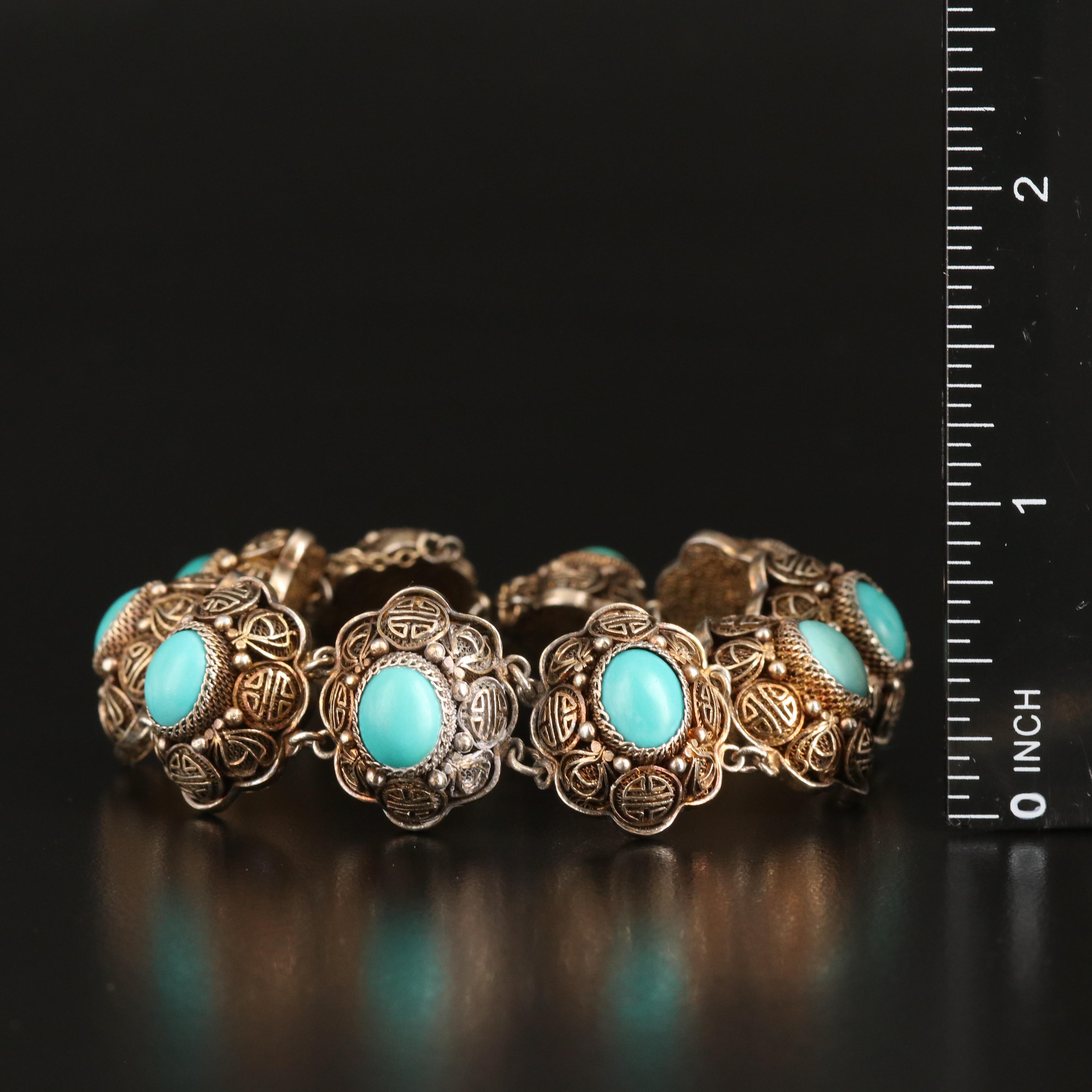 Chinese Export Sterling Turquoise Filigree Bracelet with Longevity Medallions