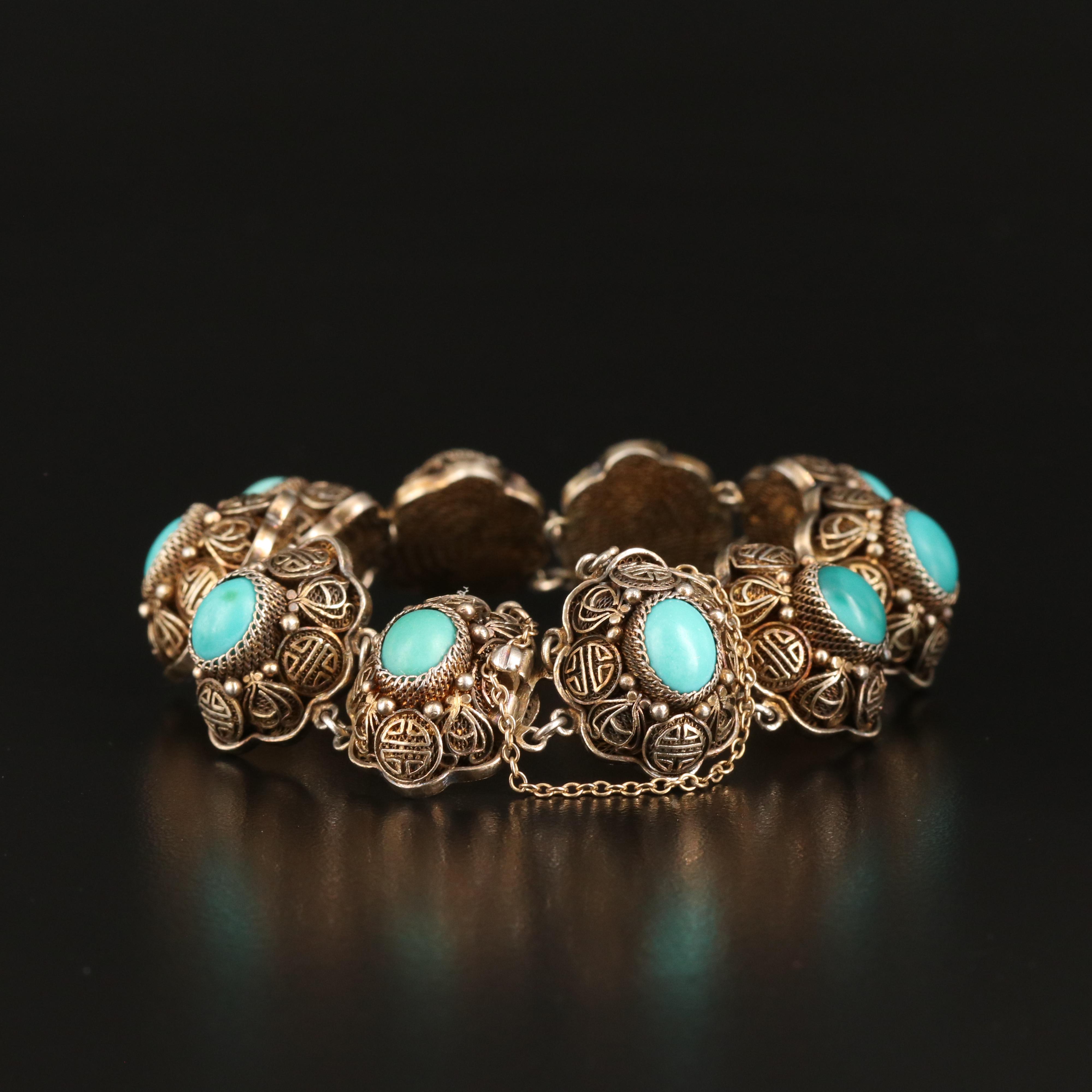 Chinese Export Sterling Turquoise Filigree Bracelet with Longevity Medallions