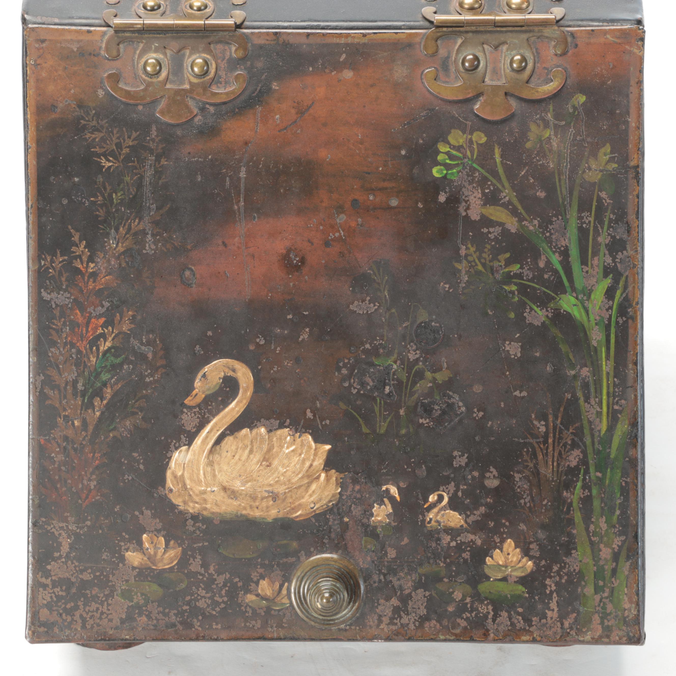 Victorian Tole Painted Pond Scene Metal and Brass Handled Coal Scuttle