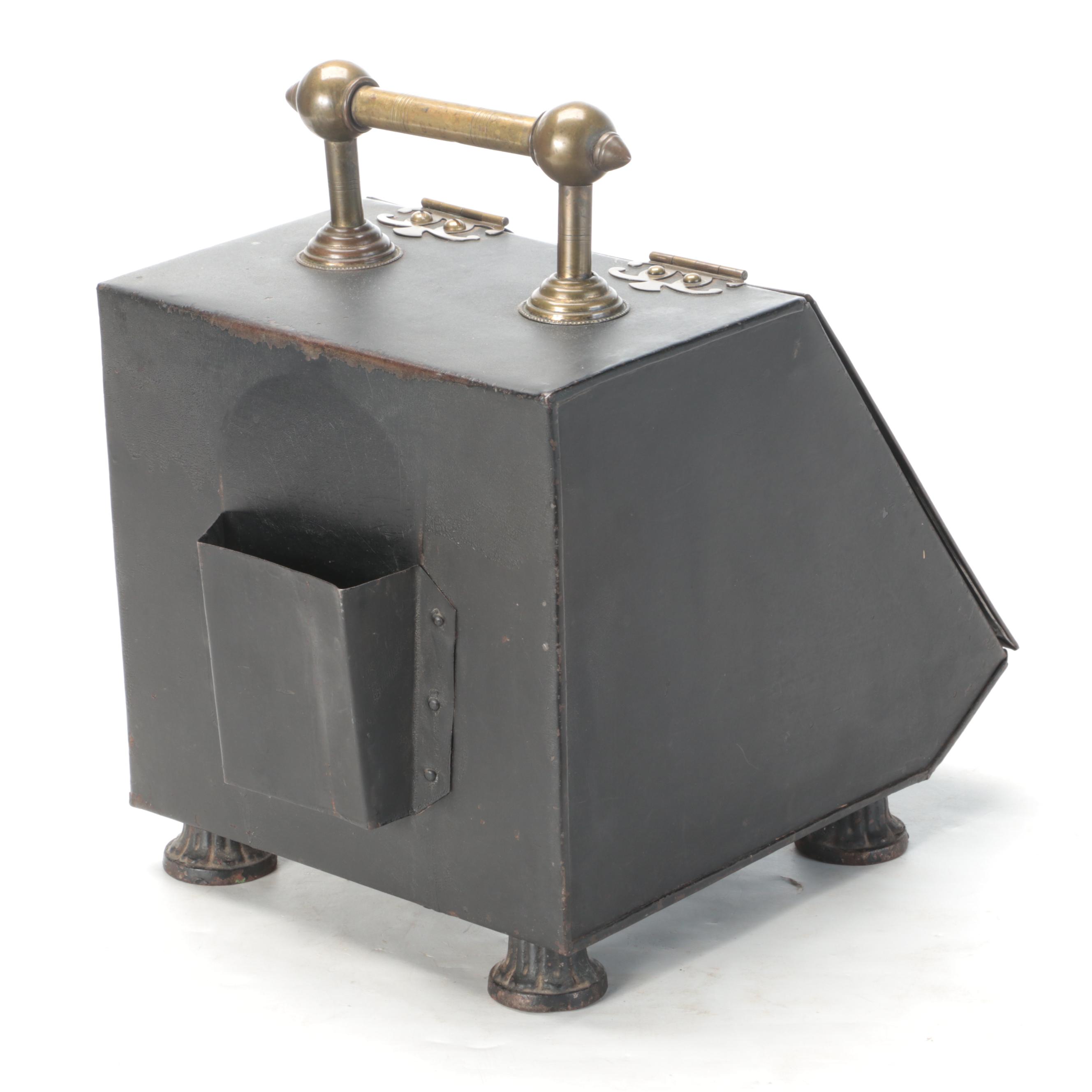 Victorian Tole Painted Pond Scene Metal and Brass Handled Coal Scuttle