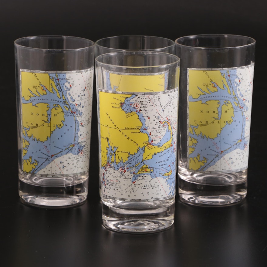 East Coast Map Motif Highball Glasses, Mid to Late 20th Century