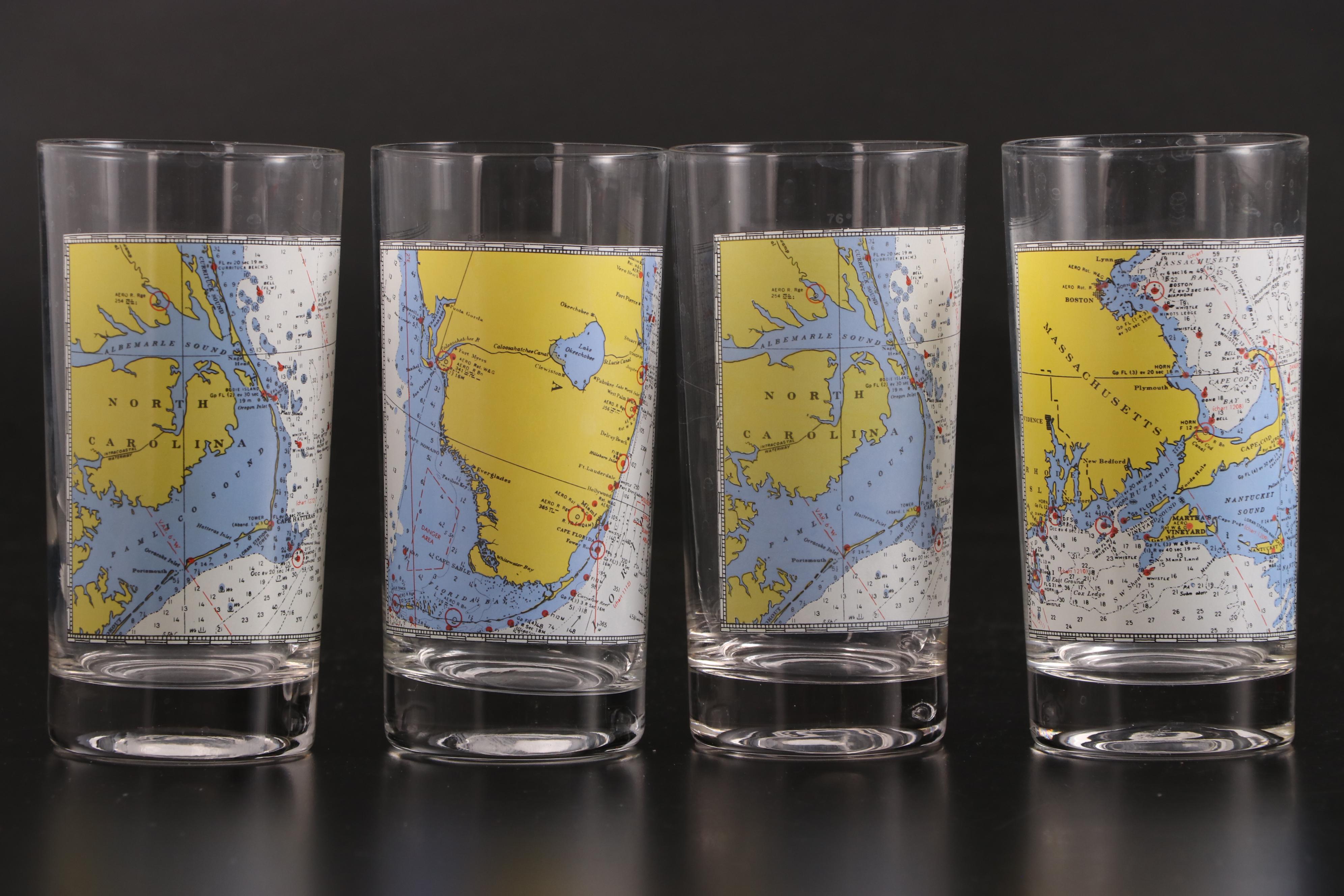 East Coast Map Motif Highball Glasses, Mid to Late 20th Century