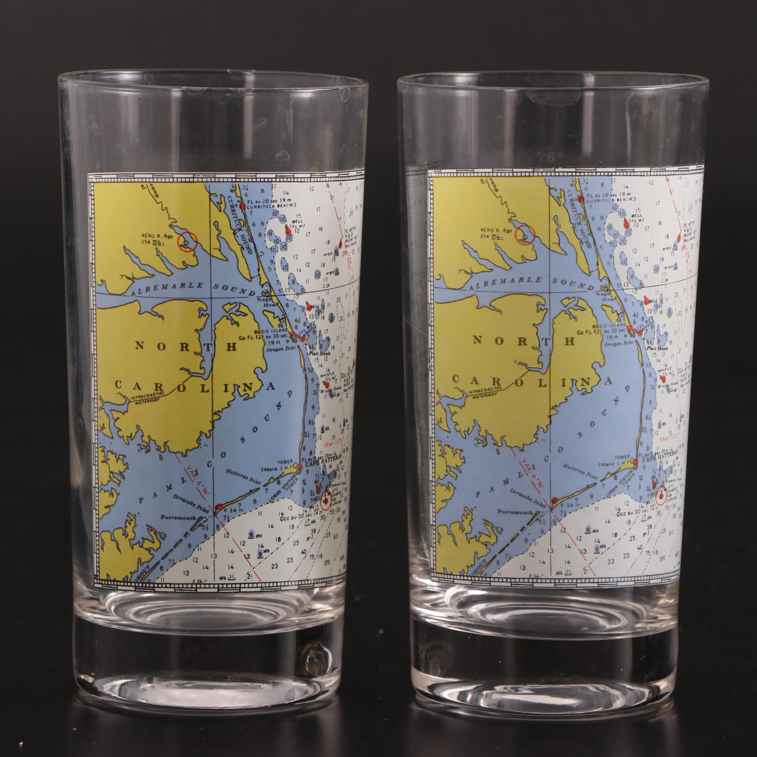 East Coast Map Motif Highball Glasses, Mid to Late 20th Century