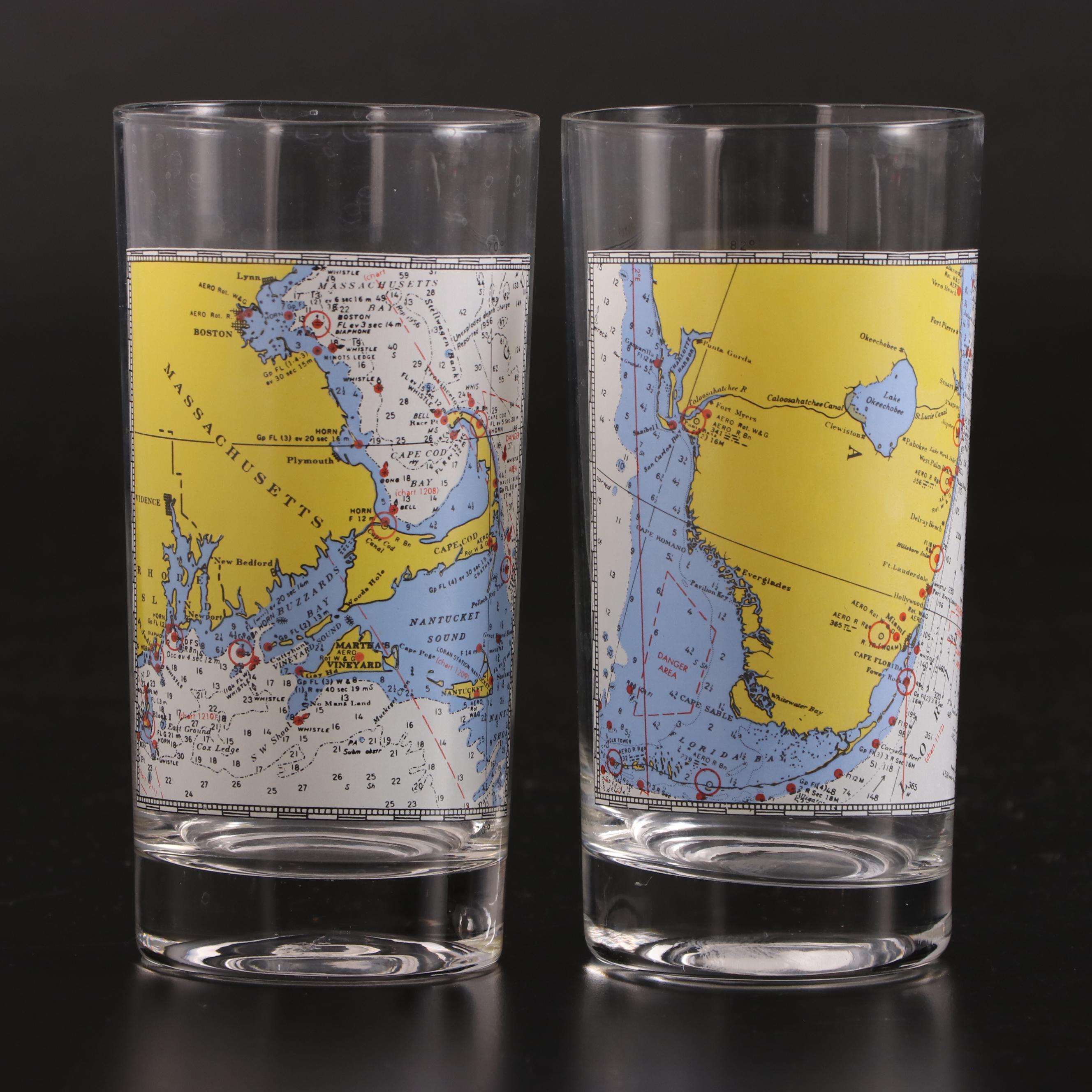 East Coast Map Motif Highball Glasses, Mid to Late 20th Century